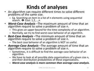 CENG 213 Data Structures 14
Kinds of analyses
• An algorithm can require different times to solve different
problems of the same size.
– Eg. Searching an item in a list of n elements using sequential
search.  Cost: 1,2,...,n
• Worst-Case Analysis –The maximum amount of time that an
algorithm require to solve a problem of size n.
– This gives an upper bound for the time complexity of an algorithm.
– Normally, we try to find worst-case behavior of an algorithm.
• Best-Case Analysis –The minimum amount of time that an
algorithm require to solve a problem of size n.
– The best case behavior of an algorithm is NOT so useful.
• Average-Case Analysis –The average amount of time that an
algorithm require to solve a problem of size n.
– Sometimes, it is difficult to find the average-case behavior of an
algorithm.
– We have to look at all possible data organizations of a given size n,
and their distribution probabilities of these organizations.
– Worst-case analysis is more common than average-case analysis.
 