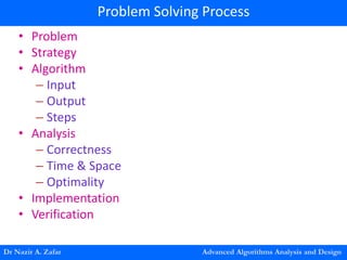 • Problem
• Strategy
• Algorithm
– Input
– Output
– Steps
• Analysis
– Correctness
– Time & Space
– Optimality
• Implementation
• Verification
Dr Nazir A. Zafar Advanced Algorithms Analysis and Design
Problem Solving Process
 