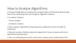 How to Analyze Algorithms
• Analysis of Algorithm or performance analysis refers to the task of determining
how much computing time and storage an algorithm requires.
• It involves 2 phases
1.Priori analysis
2.Posterior analysis
• Priori analysis: Algorithms computing time is obtained in terms of order of
magnitude
• Posterior analysis: Statistics about the algorithm in terms of space and time is
obtained during execution
• This is a challenging area which some times requires great mathematical skill
 