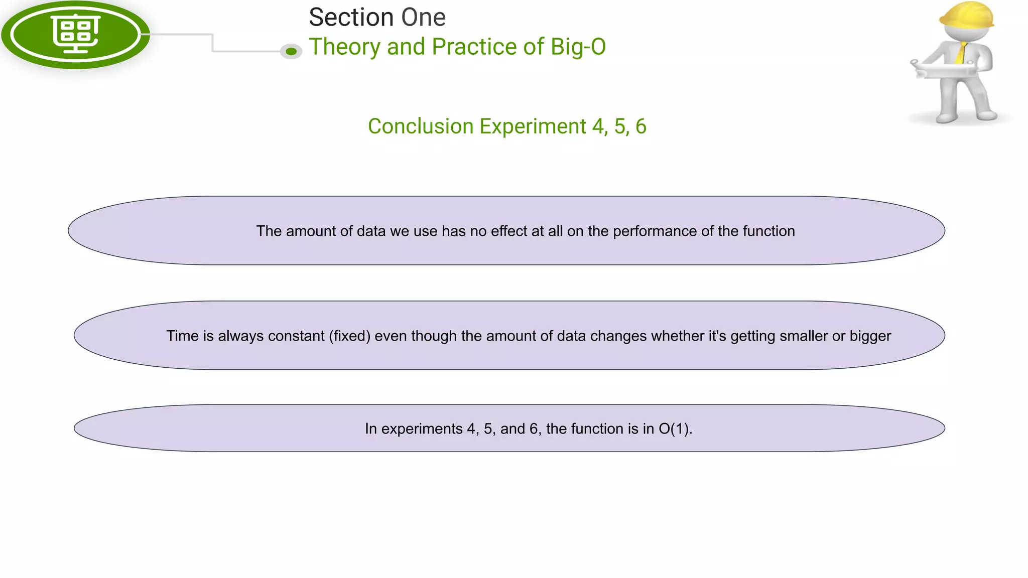 Section One Theory and Practice of Big-O Conclusion Experiment 4, 5, 6 The amount of data we use has no effect at all on the performance of the function Time is always constant (fixed) even though the amount of data changes whether it's getting smaller or bigger In experiments 4, 5, and 6, the function is in O(1). 