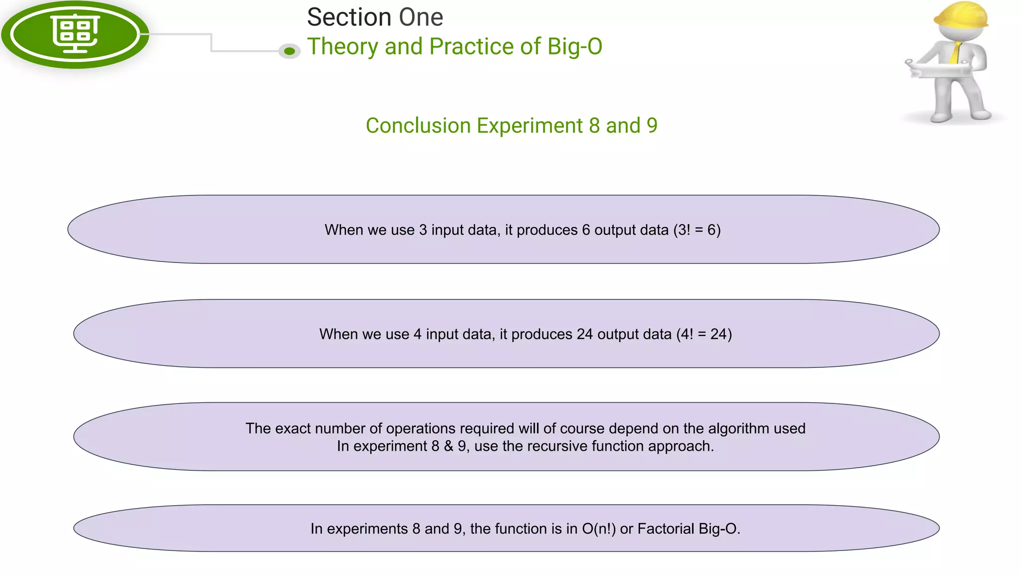 Section One Theory and Practice of Big-O Conclusion Experiment 8 and 9 When we use 3 input data, it produces 6 output data (3! = 6) When we use 4 input data, it produces 24 output data (4! = 24) The exact number of operations required will of course depend on the algorithm used In experiment 8 & 9, use the recursive function approach. In experiments 8 and 9, the function is in O(n!) or Factorial Big-O. 