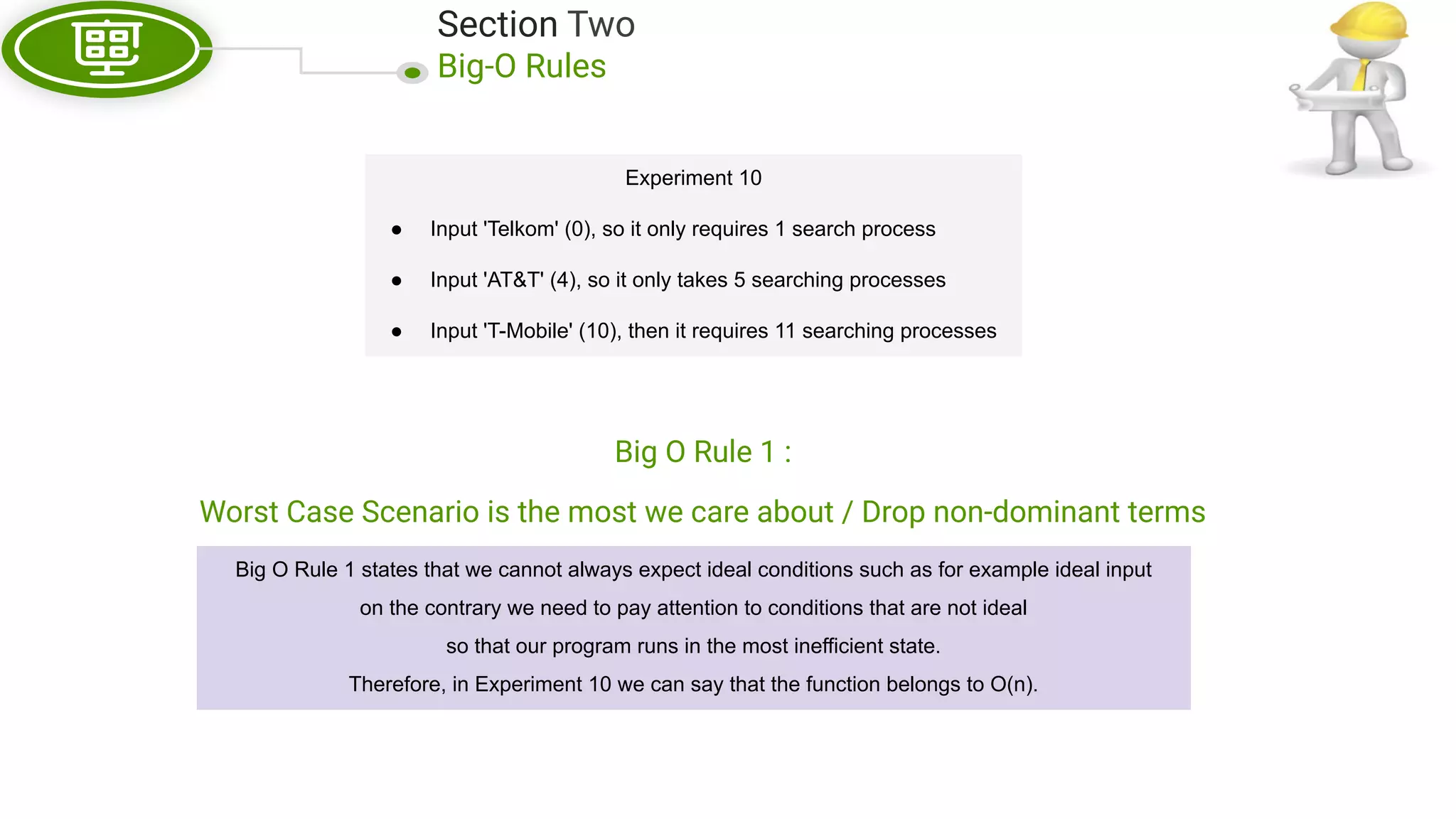 Section Two Big-O Rules Big O Rule 1 : Worst Case Scenario is the most we care about / Drop non-dominant terms Big O Rule 1 states that we cannot always expect ideal conditions such as for example ideal input on the contrary we need to pay attention to conditions that are not ideal so that our program runs in the most inefficient state. Therefore, in Experiment 10 we can say that the function belongs to O(n). Experiment 10 ● Input 'Telkom' (0), so it only requires 1 search process ● Input 'AT&T' (4), so it only takes 5 searching processes ● Input 'T-Mobile' (10), then it requires 11 searching processes 