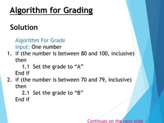 15
Algorithm For Grade
Input: One number
1. if (the number is between 80 and 100, inclusive)
then
1.1 Set the grade to “A”
End if
2. if (the number is between 70 and 79, inclusive)
then
2.1 Set the grade to “B”
End if
Algorithm for Grading
Continues on the next slide
Solution
 