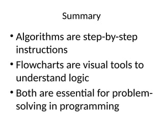 Summary
• Algorithms are step-by-step
instructions
• Flowcharts are visual tools to
understand logic
• Both are essential for problem-
solving in programming
 