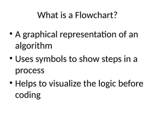 What is a Flowchart?
• A graphical representation of an
algorithm
• Uses symbols to show steps in a
process
• Helps to visualize the logic before
coding
 