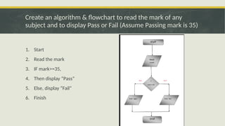 To create algorithm and flowchart for selection, sequence and iteration ...