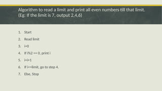 To create algorithm and flowchart for selection, sequence and iteration ...