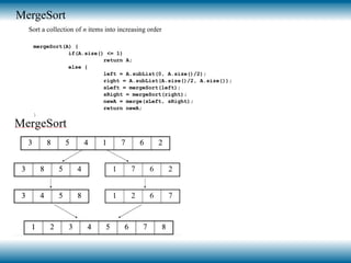 MergeSort
Sort a collection of n items into increasing order
mergeSort(A) {
if(A.size() <= 1)
return A;
else {
left = A.subList(0, A.size()/2);
right = A.subList(A.size()/2, A.size());
sLeft = mergeSort(left);
sRight = mergeSort(right);
newA = merge(sLeft, sRight);
return newA;
}
 