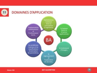 BAT ALGORITHM 15Master IMI
DOMAINES D’APPLICATION
BA
Optimisation
continue
dans la
conception
d'ingénierie,
la logique
floue et
d'autres
applications
le traitement
d'images,
le
regroupement
et
l'exploration
de données,
les problèmes
inverses et les
classifications
d'estimation
de paramètres,
l'optimisation
combinatoire
et
l'ordonnance
ment,
 