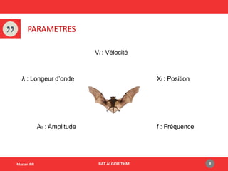 BAT ALGORITHMMaster IMI
PARAMETRES
λ : Longeur d’onde
A0 : Amplitude
Xi : Position
f : Fréquence
Vi : Vélocité
8
 