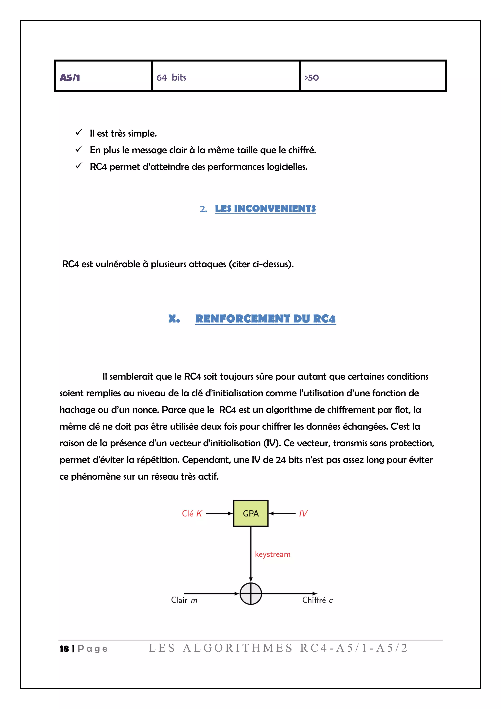 18 | P a g e L E S A L G O R I T H M E S R C 4 - A 5 / 1 - A 5 / 2
A5/1 64 bits >50
 Il est très simple.
 En plus le message clair à la même taille que le chiffré.
 RC4 permet d’atteindre des performances logicielles.
LES INCONVENIENTS
RC4 est vulnérable à plusieurs attaques (citer ci-dessus).
X. RENFORCEMENT DU RC4
Il semblerait que le RC4 soit toujours sûre pour autant que certaines conditions
soient remplies au niveau de la clé d’initialisation comme l’utilisation d’une fonction de
hachage ou d’un nonce. Parce que le RC4 est un algorithme de chiffrement par flot, la
même clé ne doit pas être utilisée deux fois pour chiffrer les données échangées. C'est la
raison de la présence d'un vecteur d'initialisation (IV). Ce vecteur, transmis sans protection,
permet d'éviter la répétition. Cependant, une IV de 24 bits n'est pas assez long pour éviter
ce phénomène sur un réseau très actif.
 