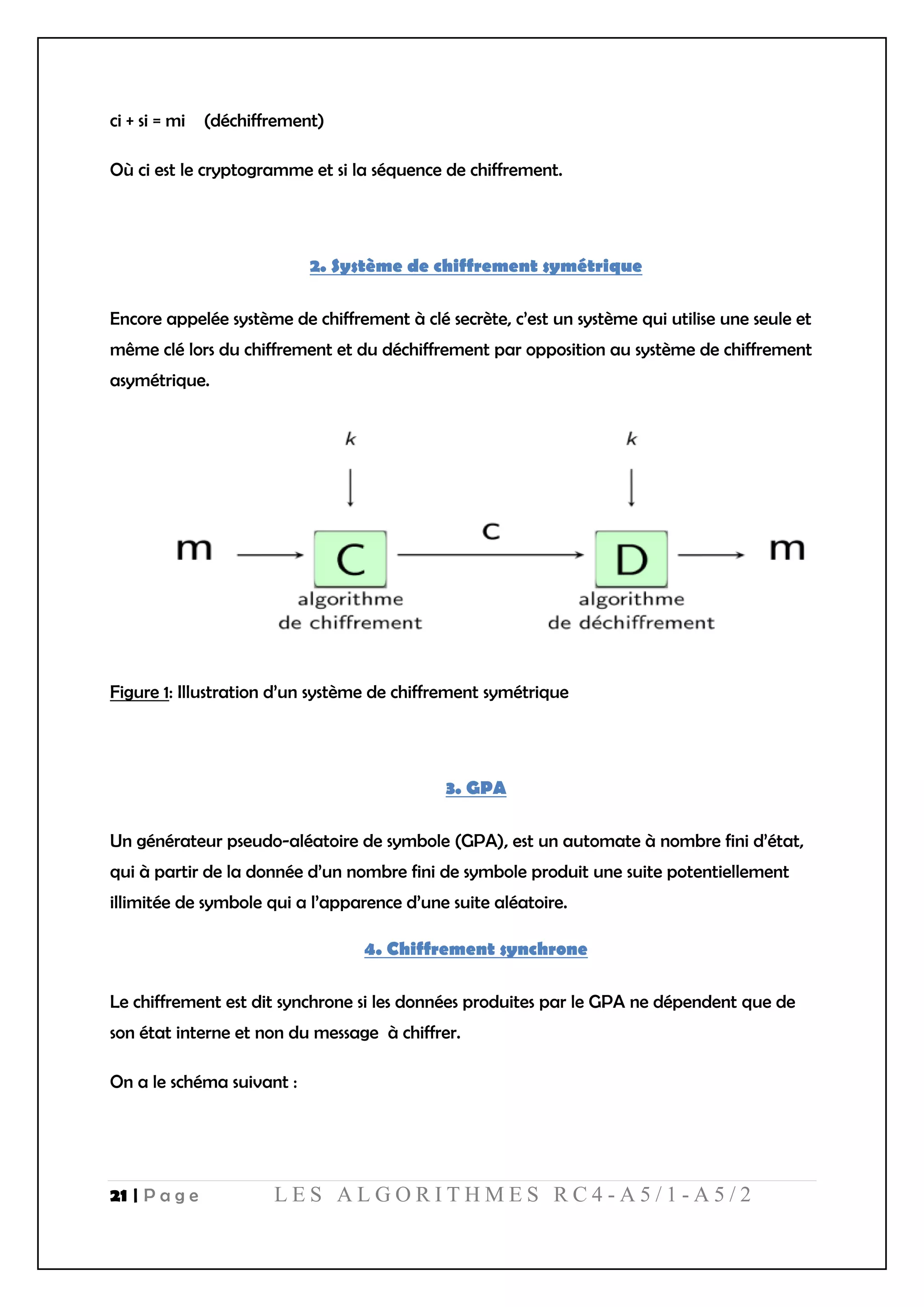 21 | P a g e L E S A L G O R I T H M E S R C 4 - A 5 / 1 - A 5 / 2
ci + si = mi (déchiffrement)
Où ci est le cryptogramme et si la séquence de chiffrement.
2. Système de chiffrement symétrique
Encore appelée système de chiffrement à clé secrète, c’est un système qui utilise une seule et
même clé lors du chiffrement et du déchiffrement par opposition au système de chiffrement
asymétrique.
Figure 1: Illustration d’un système de chiffrement symétrique
3. GPA
Un générateur pseudo-aléatoire de symbole (GPA), est un automate à nombre fini d’état,
qui à partir de la donnée d’un nombre fini de symbole produit une suite potentiellement
illimitée de symbole qui a l’apparence d’une suite aléatoire.
4. Chiffrement synchrone
Le chiffrement est dit synchrone si les données produites par le GPA ne dépendent que de
son état interne et non du message à chiffrer.
On a le schéma suivant :
 