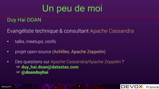 #DevoxxFR
Un peu de moi
Duy Hai DOAN
Evangéliste technique & consultant Apache Cassandra
•  talks, meetups, confs
•  projet open-source (Achilles, Apache Zeppelin)
•  Des questions sur Apache Cassandra/Apache Zeppelin ?
☞ duy_hai.doan@datastax.com
☞ @doanduyhai
2
 