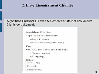2. Liste Linéairement Chainée
Algorithme CreationLLC avec N éléments et afficher ces valeurs
à la fin de traitement.
13
 