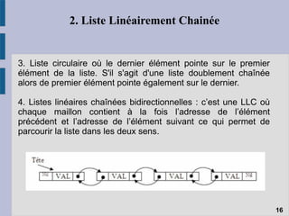 2. Liste Linéairement Chainée
16
3. Liste circulaire où le dernier élément pointe sur le premier
élément de la liste. S'il s'agit d'une liste doublement chaînée
alors de premier élément pointe également sur le dernier.
4. Listes linéaires chaînées bidirectionnelles : c’est une LLC où
chaque maillon contient à la fois l’adresse de l’élément
précédent et l’adresse de l’élément suivant ce qui permet de
parcourir la liste dans les deux sens.
 