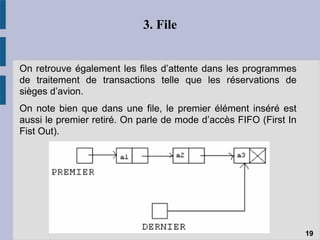 3. File
On retrouve également les files d’attente dans les programmes
de traitement de transactions telle que les réservations de
sièges d’avion.
On note bien que dans une file, le premier élément inséré est
aussi le premier retiré. On parle de mode d’accès FIFO (First In
Fist Out).
19
 