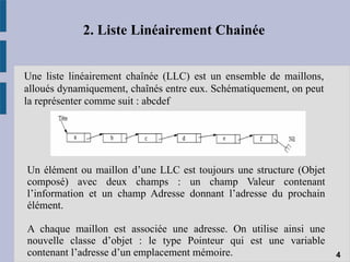 2. Liste Linéairement Chainée
Une liste linéairement chaînée (LLC) est un ensemble de maillons,
alloués dynamiquement, chaînés entre eux. Schématiquement, on peut
la représenter comme suit : abcdef
4
Un élément ou maillon d’une LLC est toujours une structure (Objet
composé) avec deux champs : un champ Valeur contenant
l’information et un champ Adresse donnant l’adresse du prochain
élément.
A chaque maillon est associée une adresse. On utilise ainsi une
nouvelle classe d’objet : le type Pointeur qui est une variable
contenant l’adresse d’un emplacement mémoire.
 