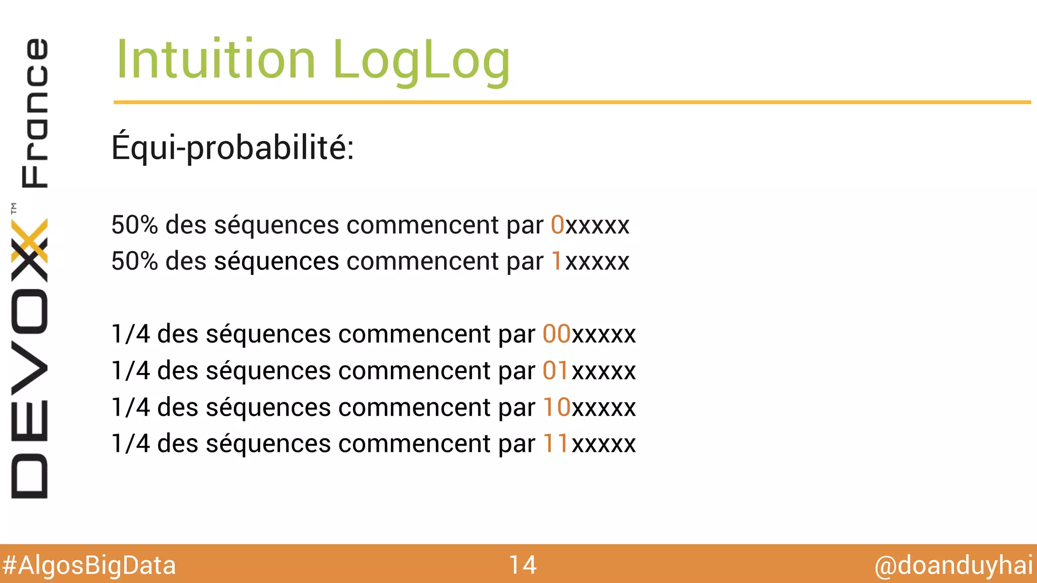 @doanduyhai#AlgosBigData
Intuition LogLog
Équi-probabilité:
50% des séquences commencent par 0xxxxx
50% des séquences commencent par 1xxxxx
1/4 des séquences commencent par 00xxxxx
1/4 des séquences commencent par 01xxxxx
1/4 des séquences commencent par 10xxxxx
1/4 des séquences commencent par 11xxxxx
14
 