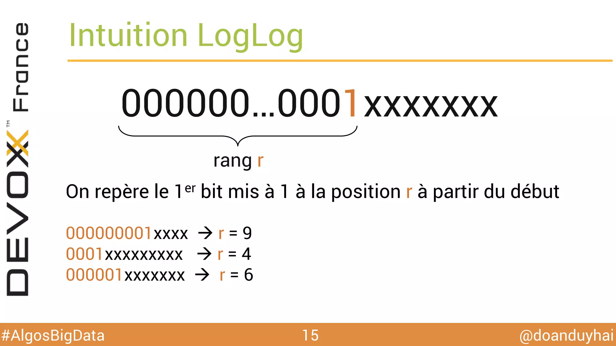 @doanduyhai#AlgosBigData
Intuition LogLog
15
000000…0001xxxxxxx
On repère le 1er bit mis à 1 à la position r à partir du début
000000001xxxx à r = 9
0001xxxxxxxxx à r = 4
000001xxxxxxx à r = 6
rang r
 
