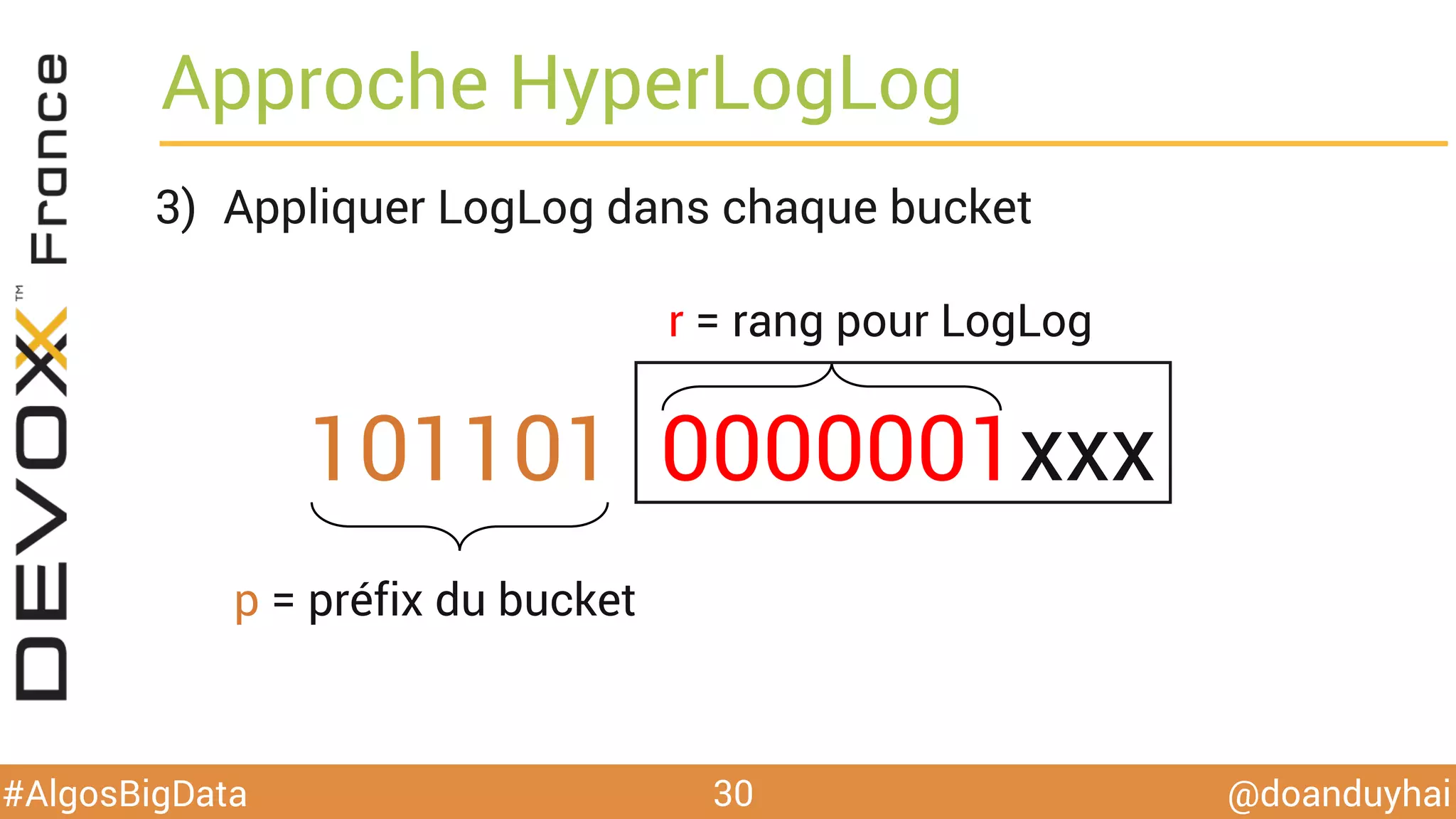 @doanduyhai#AlgosBigData
Approche HyperLogLog
3)  Appliquer LogLog dans chaque bucket
30
101101 0000001xxx
p = préfix du bucket
r = rang pour LogLog
 