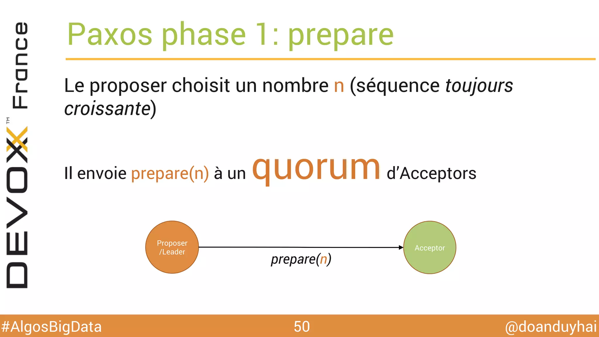 @doanduyhai#AlgosBigData
Paxos phase 1: prepare
50
Le proposer choisit un nombre n (séquence toujours
croissante)
Il envoie prepare(n) à un quorumd’Acceptors
Proposer
/Leader
prepare(n)
Acceptor
 