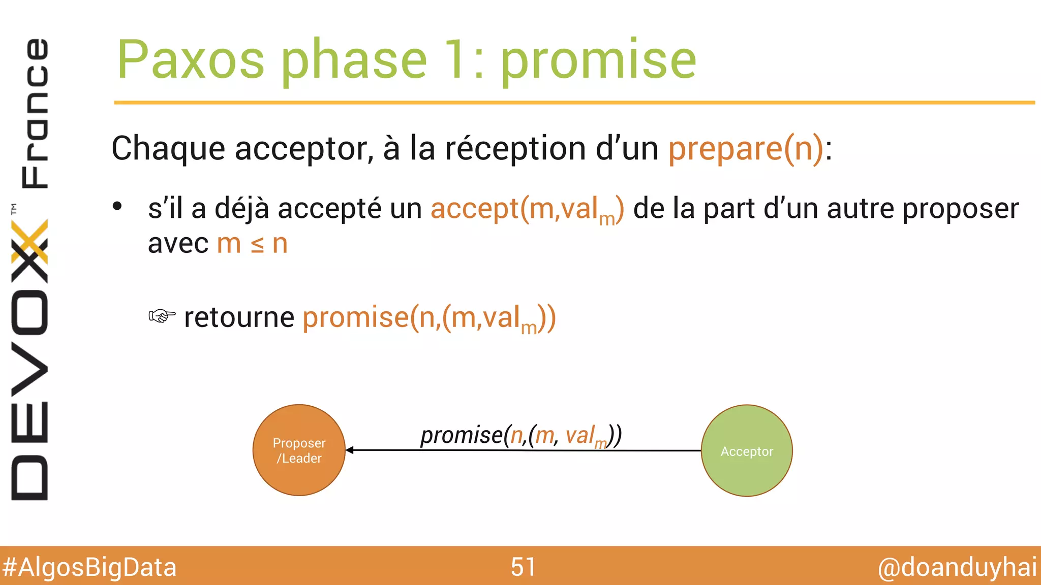 @doanduyhai#AlgosBigData
Paxos phase 1: promise
51
Chaque acceptor, à la réception d’un prepare(n):
•  s’il a déjà accepté un accept(m,valm) de la part d’un autre proposer
avec m ≤ n
☞ retourne promise(n,(m,valm))
Proposer
/Leader
Acceptor
promise(n,(m, valm))
 