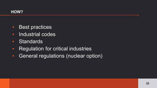 ▪ Best practices
▪ Industrial codes
▪ Standards
▪ Regulation for critical industries
▪ General regulations (nuclear option)
HOW?
33
 