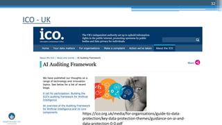 32
ICO - UK
https://ico.org.uk/media/for-organisations/guide-to-data-
protection/key-data-protection-themes/guidance-on-ai-and-
data-protection-0-0.pdf
 