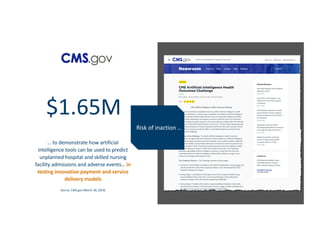 … to demonstrate how artificial
intelligence tools can be used to predict
unplanned hospital and skilled nursing
facility admissions and adverse events… in
testing innovative payment and service
delivery models
Source: CMS.gov (March 28, 2019)
$1.65M
Risk of inaction …
 