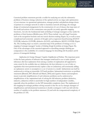 Page | 14
Canonical problem statements provide a toolkit for analyzing not only the substantive
problems of business strategy (selection of the optimal activity set, large scale optimization
of cost structure via operational optimization, strategic product and platform design choice
of partners in a strategic network in order to maximize network advantage, the strategic
design of contractual arrangements by the construction of a set of clauses that map states of
the world and actions of the contractants onto payoffs via jointly agreeable mapping
functions) , but also the fundamental modes of thinking of strategic managers as they tackle the
problems of their business [Moldoveanu, 2011]. These include ‘one-off, frugal’ heuristics
such as the recognition heuristic and one-reason decision making (Figure 3a), as well as more
complicated and systematic patterns of thought such as regression-based learning (EXACT
COVER), inductive (COVER), deductive (K-SAT), and abductive (KSAT, COVER) (Figure
3b). The resulting map is as much a canonical map of the problems of strategy as it is a
mapping of strategic managers’ modes of thinking through the problems of strategy (Figure 3b).
One of the advantages of the canonical approach to describing strategic thinking qua
computation is the availability of a common language for describing both the products and the
processes of managerial thinking.
Implications for Strategic Managers’ Cognitive Simplification of Problems. The important point
is that the basic patterns of inference that managers would need to use to make optimal
inferences (the best explanation from among a number of explanations all supported to
some extent by the available data set (abduction); the best inference to a set of rules or
regularities that most parsimoniously explain a data set (induction); self-consistently adding
an explanatory axiom or assumption to a set of axioms in a model (deduction)) can itself be
understood as solving an intractable (NP hard) problem. Informational restrictions on problem
statements [Denrell, 2007; Denrell and March, 2001] and cognitive frames and metaphors
meant to provide simplifications of such inference problems can be understood as
simplifications of the computational task of solving the full inference problem (deductive,
inductive, abductive) which is unsolvable for high numbers of independent variables,
especially when the problem is in the NP (intractable) complexity class). The implication of
this mapping for strategic problem solving research is that the use by strategic managers of
simplifications and informational restrictions is doubly contingent: it will vary both with the
number of variables in the problem statement (N) and with the computational complexity of
the problem (P, NP).
 