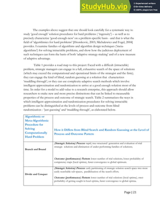 Page | 21
The examples above suggest that one should look carefully for a systematic way to
study ‘good enough’ solution procedures for hard problems ( ‘ingenuity’) – as well as to
precisely characterize ‘good-enough-ness’ on a problem-specific basis - and that is what the
field of ‘algorithmics for hard problems’ [Hromkovic, 2003; Michalewicz and Fogel, 2004]
provides. I examine families of algorithms and algorithm design techniques (‘meta-
algorithms’) for solving intractable problems, and show how the judicious deployment of
such techniques can form the basis of both ‘adaptive strategy-making’ and of a new measure
of adaptive advantage.
Table 1 provides a road map to this project: Faced with a difficult (intractable)
problem, strategic managers can engage in a full, exhaustive search of the space of solutions
(which may exceed the computational and operational limits of the strategist and the firm);
they can engage the kind of blind, random guessing at a solution that characterizes
‘muddling through’; or they can use complexity-adaptive search methods which involve
intelligent approximation and randomization to arrive at a good enough solution most of the
time. In order for a model to add value to a research enterprise, this approach should allow
researchers to make new and more precise distinctions that can be linked to measurable
properties of the process and outcome of strategic search. Table 2 summarizes the ways in
which intelligent approximation and randomization procedures for solving intractable
problems can be distinguished at the levels of process and outcome from blind
randomization - ‘just guessing’ and ‘muddling through’, as elaborated below.
Algorithmic or
Meta-Algorithmic
Procedure for
Solving
Computationally
Hard Problem
How it Differs from Blind Search and Random Guessing at the Level of
Process and Outcome Pattern
Branch and Bound
(Strategic Solution) Process: rapid, tree-structured generation and evaluation of trial
strategic solutions and elimination of under-performing families of solutions;
Outcome (performance) Pattern: lower number of trial solutions, lower probability of
competency traps (local optima), faster convergence to global optimum.
Divide and Conquer
(Strategic Solution) Process: early partitioning of strategic solution search space into more
easily searchable sub-spaces, parallelization of the search effort;
Outcome (performance) Pattern: lower number of trial solutions (local optima), ower
probability of getting caught in local optima, faster convergence to global optima.
 