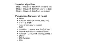 • Steps for algorithm:
Step 1 − Move n-1 disks from source to aux
Step 2 − Move nth disk from source to dest
Step 3 − Move n-1 disks from aux to dest
• Pseudocode for tower of Hanoi
• BEGIN
• Function Hanoi (n, source, dest, aux)
• IF n == 1, THEN
• move n from source to dest
• ELSE
• Hanoi (n - 1, source, aux, dest) // Step 1
• move n from source to dest // Step 2
• Hanoi (n - 1, aux, dest, source) // Step 3
• END IF
• END Function
• END
 