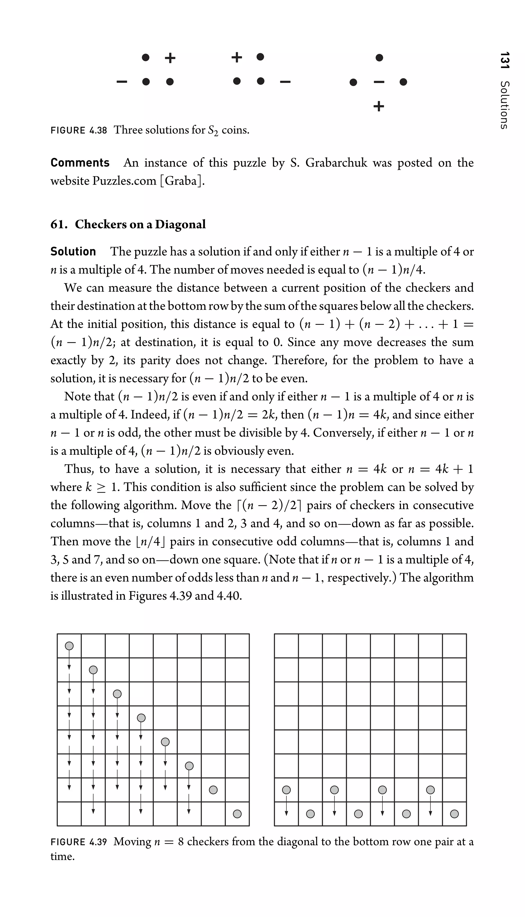 131
Solutions
FIGURE 4.38 Three solutions for S2 coins.
Comments An instance of this puzzle by S. Grabarchuk was posted on the
website Puzzles.com [Graba].
61. Checkers on a Diagonal
Solution The puzzle has a solution if and only if either n − 1 is a multiple of 4 or
n is a multiple of 4. The number of moves needed is equal to (n − 1)n/4.
We can measure the distance between a current position of the checkers and
theirdestinationatthebottomrowbythesumofthesquaresbelowallthecheckers.
At the initial position, this distance is equal to (n − 1) + (n − 2) + . . . + 1 =
(n − 1)n/2; at destination, it is equal to 0. Since any move decreases the sum
exactly by 2, its parity does not change. Therefore, for the problem to have a
solution, it is necessary for (n − 1)n/2 to be even.
Note that (n − 1)n/2 is even if and only if either n − 1 is a multiple of 4 or n is
a multiple of 4. Indeed, if (n − 1)n/2 = 2k, then (n − 1)n = 4k, and since either
n − 1 or n is odd, the other must be divisible by 4. Conversely, if either n − 1 or n
is a multiple of 4, (n − 1)n/2 is obviously even.
Thus, to have a solution, it is necessary that either n = 4k or n = 4k + 1
where k ≥ 1. This condition is also sufﬁcient since the problem can be solved by
the following algorithm. Move the (n − 2)/2 pairs of checkers in consecutive
columns—that is, columns 1 and 2, 3 and 4, and so on—down as far as possible.
Then move the n/4 pairs in consecutive odd columns—that is, columns 1 and
3, 5 and 7, and so on—down one square. (Note that if n or n − 1 is a multiple of 4,
there is an even number of odds less than n and n − 1, respectively.) The algorithm
is illustrated in Figures 4.39 and 4.40.
FIGURE 4.39 Moving n = 8 checkers from the diagonal to the bottom row one pair at a
time.
 