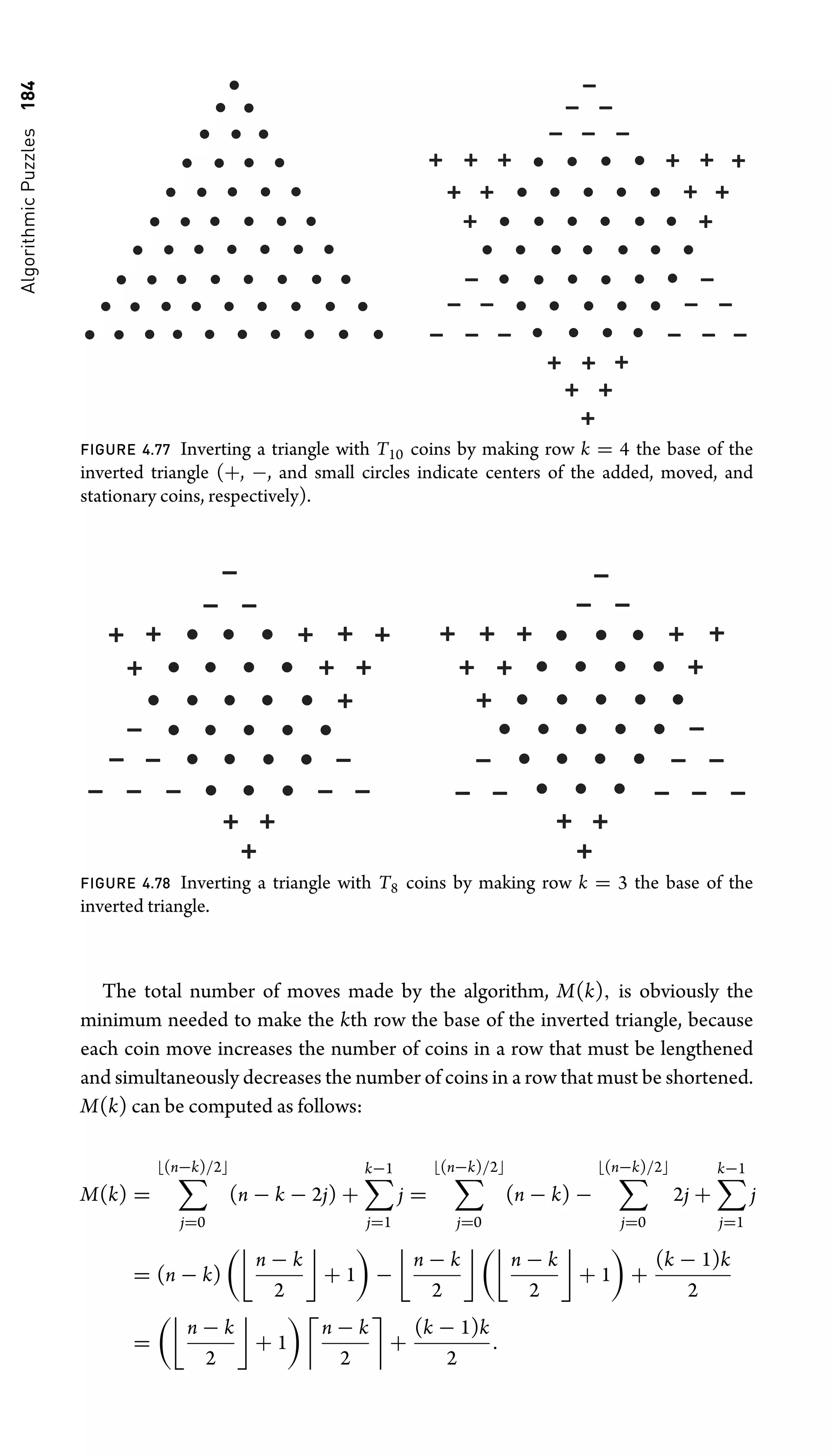 Algorithmic
Puzzles
184
FIGURE 4.77 Inverting a triangle with T10 coins by making row k = 4 the base of the
inverted triangle (+, −, and small circles indicate centers of the added, moved, and
stationary coins, respectively).
FIGURE 4.78 Inverting a triangle with T8 coins by making row k = 3 the base of the
inverted triangle.
The total number of moves made by the algorithm, M(k), is obviously the
minimum needed to make the kth row the base of the inverted triangle, because
each coin move increases the number of coins in a row that must be lengthened
and simultaneously decreases the number of coins in a row that must be shortened.
M(k) can be computed as follows:
M(k) =
(n−k)/2
j=0
(n − k − 2j) +
k−1
j=1
j =
(n−k)/2
j=0
(n − k) −
(n−k)/2
j=0
2j +
k−1
j=1
j
= (n − k)

n − k
2

+ 1

−

n − k
2
 
n − k
2

+ 1

+
(k − 1)k
2
=

n − k
2

+ 1
 
n − k
2

+
(k − 1)k
2
.
 