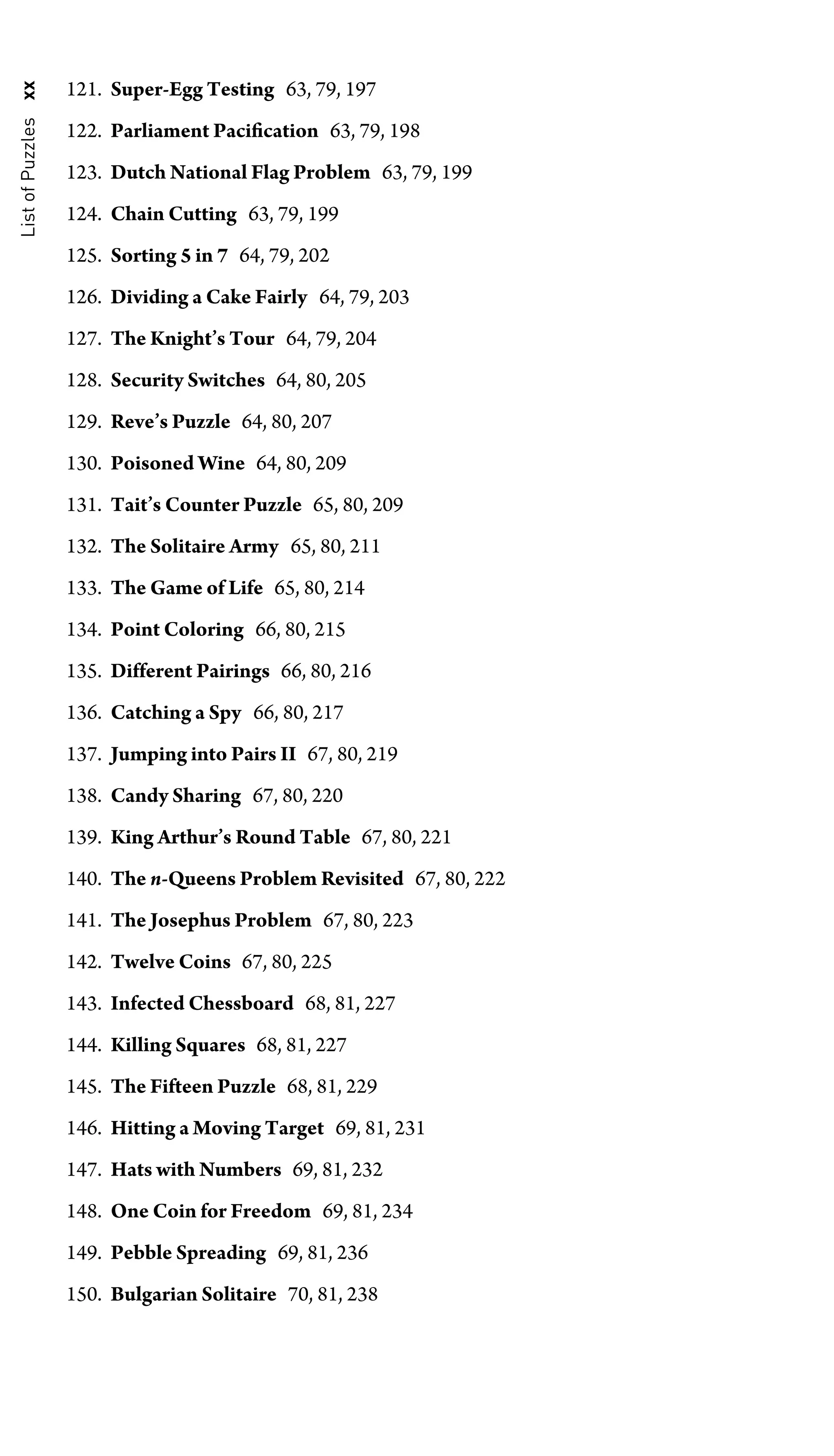 List
of
Puzzles
xx 121. Super-Egg Testing 63, 79, 197
122. Parliament Paciﬁcation 63, 79, 198
123. Dutch National Flag Problem 63, 79, 199
124. Chain Cutting 63, 79, 199
125. Sorting 5 in 7 64, 79, 202
126. Dividing a Cake Fairly 64, 79, 203
127. The Knight’s Tour 64, 79, 204
128. Security Switches 64, 80, 205
129. Reve’s Puzzle 64, 80, 207
130. Poisoned Wine 64, 80, 209
131. Tait’s Counter Puzzle 65, 80, 209
132. The Solitaire Army 65, 80, 211
133. The Game of Life 65, 80, 214
134. Point Coloring 66, 80, 215
135. Different Pairings 66, 80, 216
136. Catching a Spy 66, 80, 217
137. Jumping into Pairs II 67, 80, 219
138. Candy Sharing 67, 80, 220
139. King Arthur’s Round Table 67, 80, 221
140. The n-Queens Problem Revisited 67, 80, 222
141. The Josephus Problem 67, 80, 223
142. Twelve Coins 67, 80, 225
143. Infected Chessboard 68, 81, 227
144. Killing Squares 68, 81, 227
145. The Fifteen Puzzle 68, 81, 229
146. Hitting a Moving Target 69, 81, 231
147. Hats with Numbers 69, 81, 232
148. One Coin for Freedom 69, 81, 234
149. Pebble Spreading 69, 81, 236
150. Bulgarian Solitaire 70, 81, 238
 