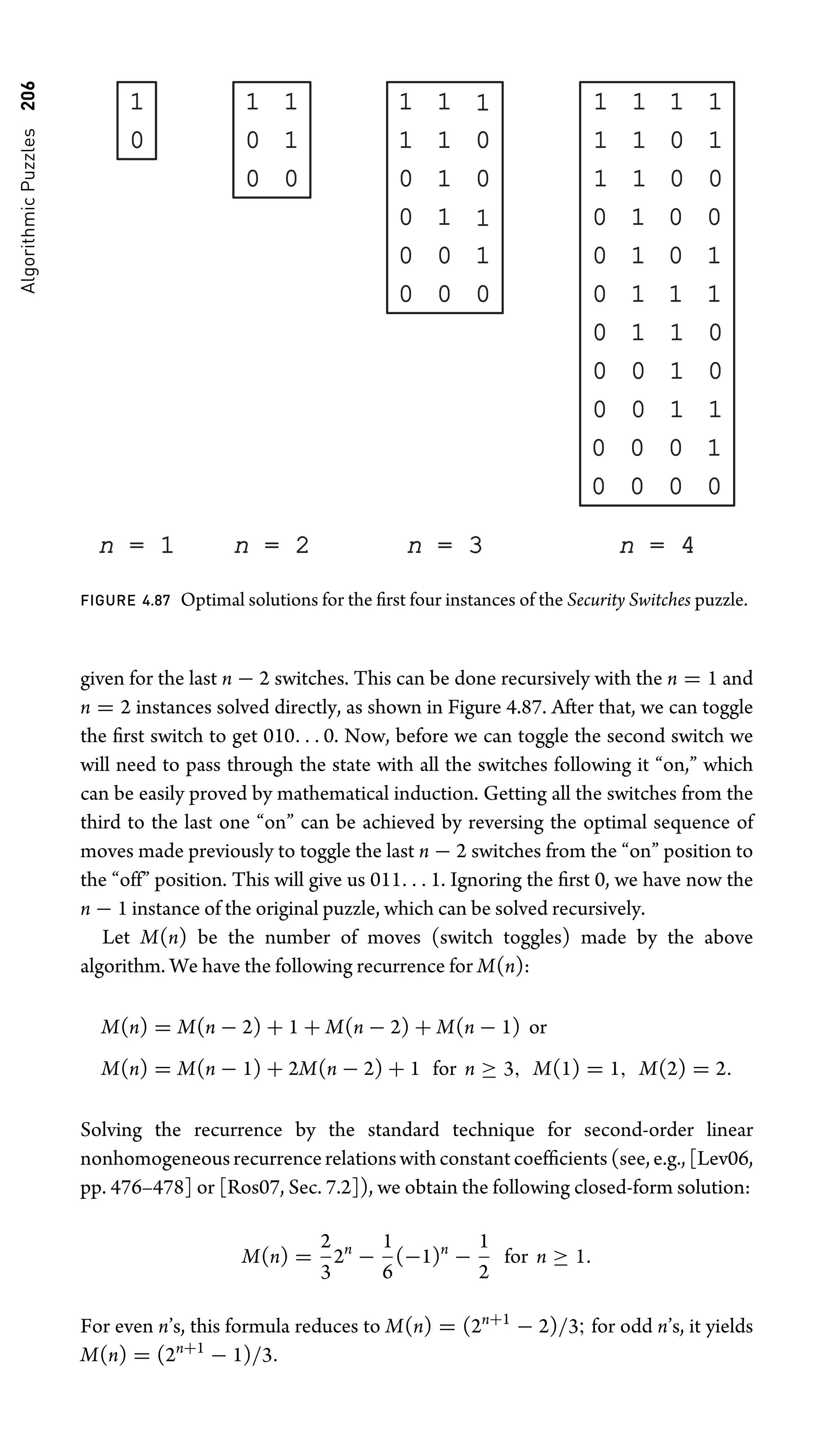 Algorithmic
Puzzles
206
1
0
1
0
0
1
1
0
1
1
0
1
1
1
1
0
0
0
0
0
1
0
0
1
1
0
1
1
1
1
1
1
1
0
0
1
1
0
0
0
0
1
1
1
0
0
1
0
1
1
0
0
0
1
0
0
1
1
1
0
0
1
0
0
0
0
0
0
1
0
n = 1
= 1 n = 2
= 2 n = 3
= 3 n = 4
= 4
FIGURE 4.87 Optimal solutions for the ﬁrst four instances of the Security Switches puzzle.
given for the last n − 2 switches. This can be done recursively with the n = 1 and
n = 2 instances solved directly, as shown in Figure 4.87. After that, we can toggle
the ﬁrst switch to get 010. . . 0. Now, before we can toggle the second switch we
will need to pass through the state with all the switches following it “on,” which
can be easily proved by mathematical induction. Getting all the switches from the
third to the last one “on” can be achieved by reversing the optimal sequence of
moves made previously to toggle the last n − 2 switches from the “on” position to
the “off” position. This will give us 011. . . 1. Ignoring the ﬁrst 0, we have now the
n − 1 instance of the original puzzle, which can be solved recursively.
Let M(n) be the number of moves (switch toggles) made by the above
algorithm. We have the following recurrence for M(n):
M(n) = M(n − 2) + 1 + M(n − 2) + M(n − 1) or
M(n) = M(n − 1) + 2M(n − 2) + 1 for n ≥ 3, M(1) = 1, M(2) = 2.
Solving the recurrence by the standard technique for second-order linear
nonhomogeneousrecurrencerelationswithconstantcoefﬁcients(see,e.g.,[Lev06,
pp. 476–478] or [Ros07, Sec. 7.2]), we obtain the following closed-form solution:
M(n) =
2
3
2n
−
1
6
(−1)n
−
1
2
for n ≥ 1.
For even n’s, this formula reduces to M(n) = (2n+1
− 2)/3; for odd n’s, it yields
M(n) = (2n+1
− 1)/3.
 