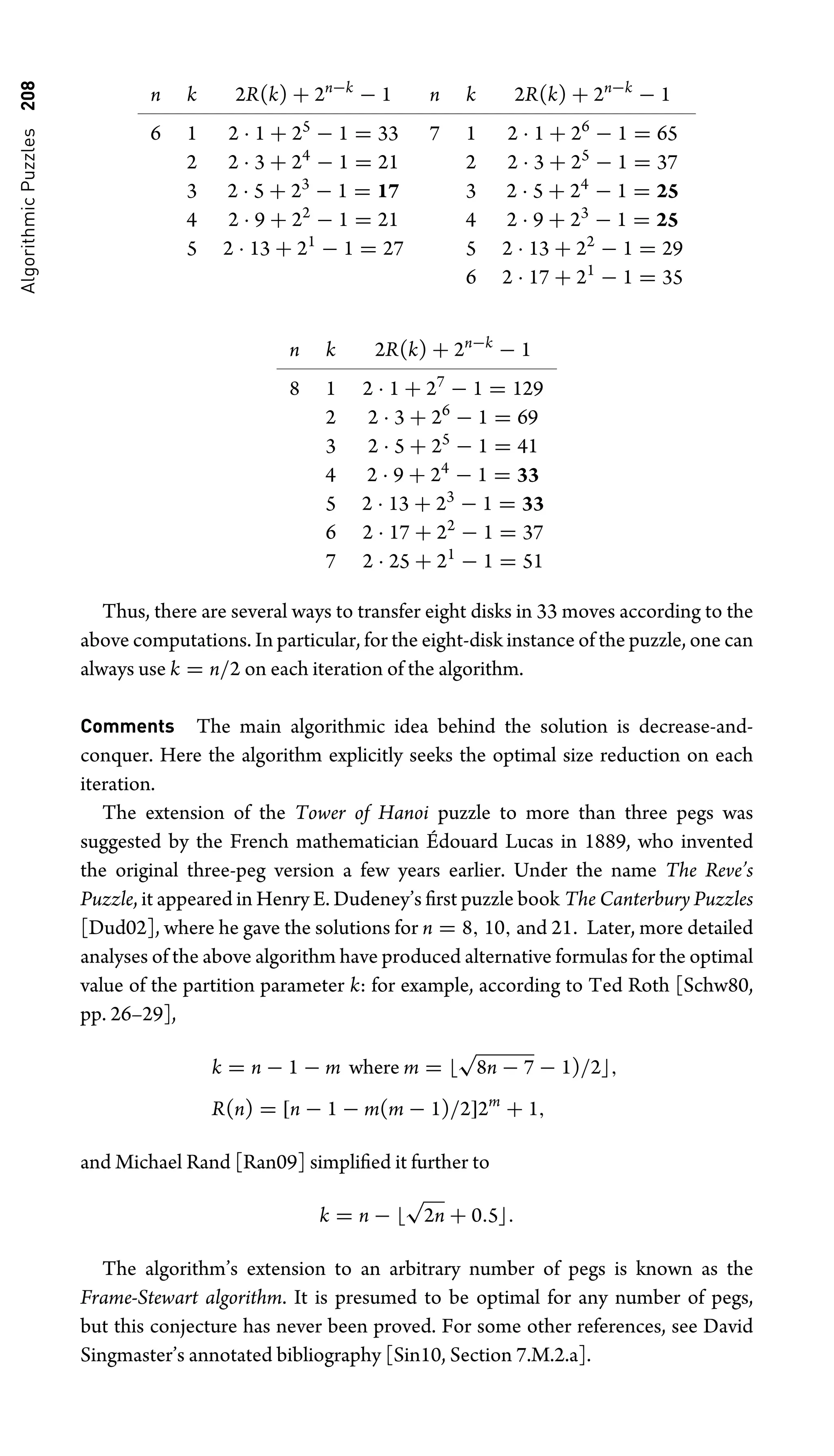 Algorithmic
Puzzles
208
n k 2R(k) + 2n−k
− 1
6 1 2 · 1 + 25
− 1 = 33
2 2 · 3 + 24
− 1 = 21
3 2 · 5 + 23
− 1 = 17
4 2 · 9 + 22
− 1 = 21
5 2 · 13 + 21
− 1 = 27
n k 2R(k) + 2n−k
− 1
7 1 2 · 1 + 26
− 1 = 65
2 2 · 3 + 25
− 1 = 37
3 2 · 5 + 24
− 1 = 25
4 2 · 9 + 23
− 1 = 25
5 2 · 13 + 22
− 1 = 29
6 2 · 17 + 21
− 1 = 35
n k 2R(k) + 2n−k
− 1
8 1 2 · 1 + 27
− 1 = 129
2 2 · 3 + 26
− 1 = 69
3 2 · 5 + 25
− 1 = 41
4 2 · 9 + 24
− 1 = 33
5 2 · 13 + 23
− 1 = 33
6 2 · 17 + 22
− 1 = 37
7 2 · 25 + 21
− 1 = 51
Thus, there are several ways to transfer eight disks in 33 moves according to the
above computations. In particular, for the eight-disk instance of the puzzle, one can
always use k = n/2 on each iteration of the algorithm.
Comments The main algorithmic idea behind the solution is decrease-and-
conquer. Here the algorithm explicitly seeks the optimal size reduction on each
iteration.
The extension of the Tower of Hanoi puzzle to more than three pegs was
suggested by the French mathematician Édouard Lucas in 1889, who invented
the original three-peg version a few years earlier. Under the name The Reve’s
Puzzle, it appeared in Henry E. Dudeney’s ﬁrst puzzle book The Canterbury Puzzles
[Dud02], where he gave the solutions for n = 8, 10, and 21. Later, more detailed
analyses of the above algorithm have produced alternative formulas for the optimal
value of the partition parameter k: for example, according to Ted Roth [Schw80,
pp. 26–29],
k = n − 1 − m where m = 
√
8n − 7 − 1)/2,
R(n) = [n − 1 − m(m − 1)/2]2m
+ 1,
and Michael Rand [Ran09] simpliﬁed it further to
k = n − 
√
2n + 0.5.
The algorithm’s extension to an arbitrary number of pegs is known as the
Frame-Stewart algorithm. It is presumed to be optimal for any number of pegs,
but this conjecture has never been proved. For some other references, see David
Singmaster’s annotated bibliography [Sin10, Section 7.M.2.a].
 