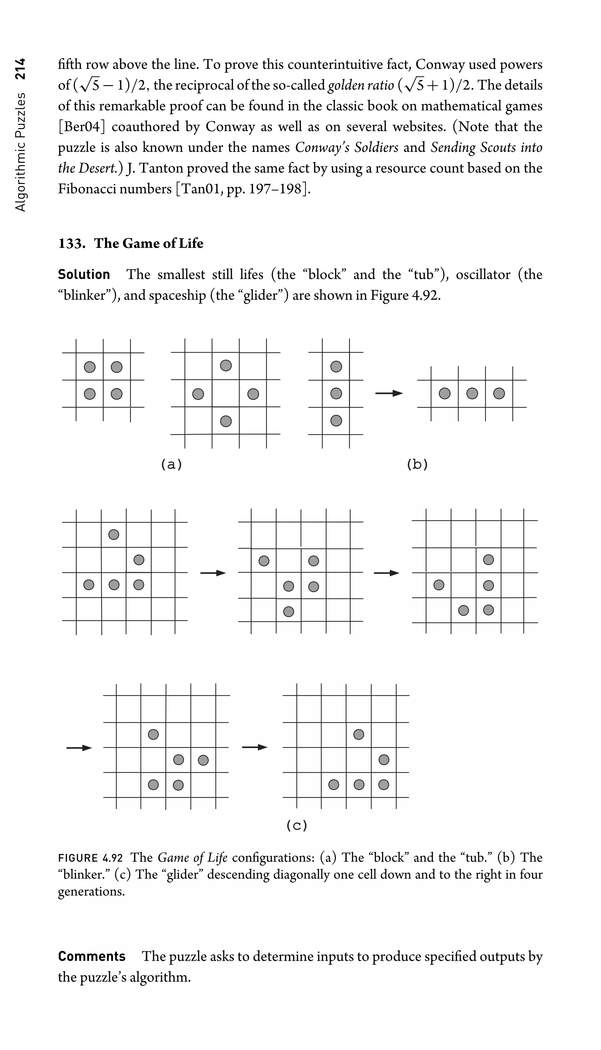 Algorithmic
Puzzles
214 ﬁfth row above the line. To prove this counterintuitive fact, Conway used powers
of (
√
5 − 1)/2, the reciprocal of the so-called golden ratio (
√
5 + 1)/2. The details
of this remarkable proof can be found in the classic book on mathematical games
[Ber04] coauthored by Conway as well as on several websites. (Note that the
puzzle is also known under the names Conway’s Soldiers and Sending Scouts into
the Desert.) J. Tanton proved the same fact by using a resource count based on the
Fibonacci numbers [Tan01, pp. 197–198].
133. The Game of Life
Solution The smallest still lifes (the “block” and the “tub”), oscillator (the
“blinker”), and spaceship (the “glider”) are shown in Figure 4.92.
(a)
(a)
(c)
(c)
(b)
(b)
FIGURE 4.92 The Game of Life conﬁgurations: (a) The “block” and the “tub.” (b) The
“blinker.” (c) The “glider” descending diagonally one cell down and to the right in four
generations.
Comments The puzzle asks to determine inputs to produce speciﬁed outputs by
the puzzle’s algorithm.
 