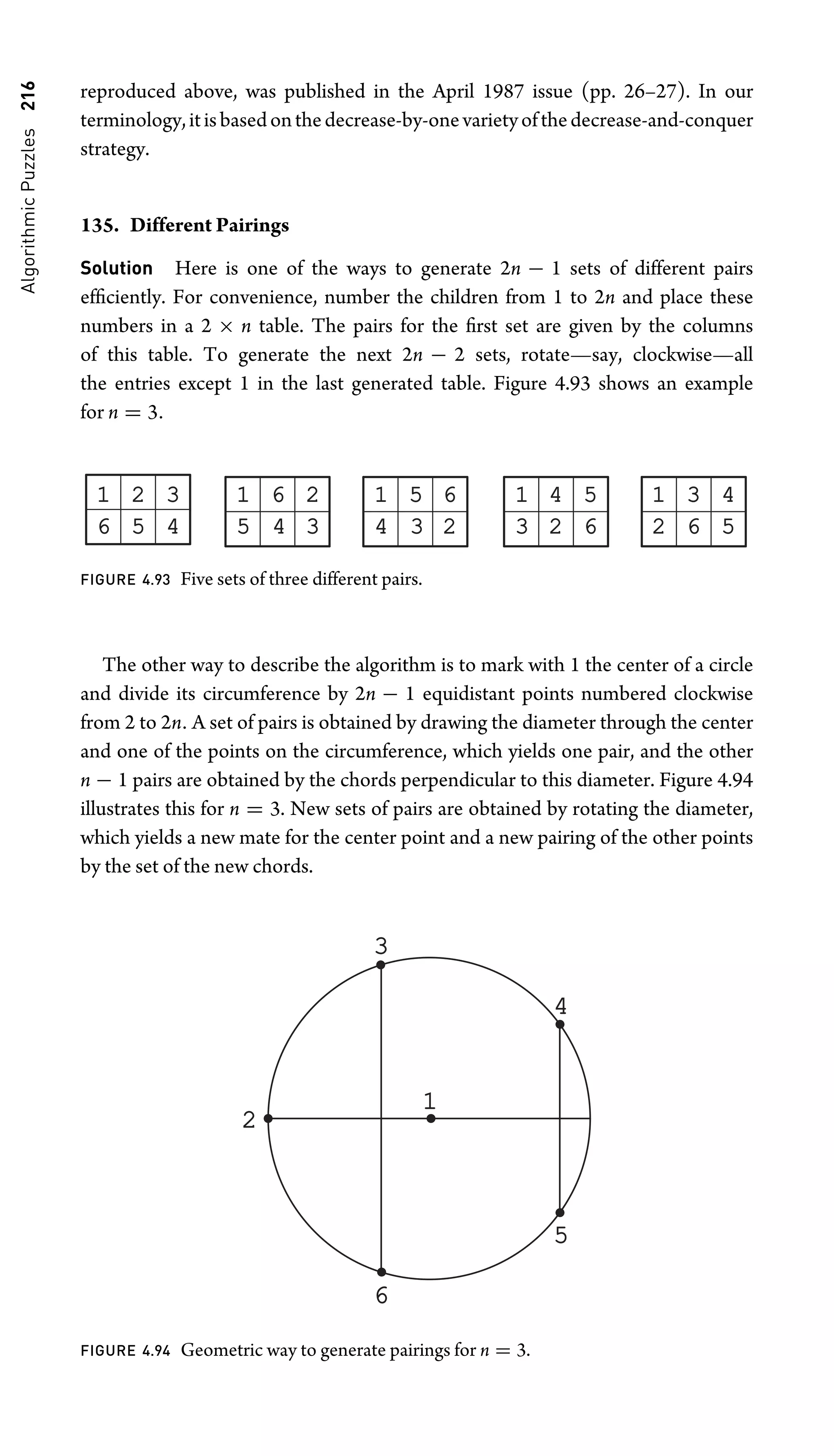 Algorithmic
Puzzles
216 reproduced above, was published in the April 1987 issue (pp. 26–27). In our
terminology,itisbasedonthedecrease-by-onevarietyofthedecrease-and-conquer
strategy.
135. Different Pairings
Solution Here is one of the ways to generate 2n − 1 sets of different pairs
efﬁciently. For convenience, number the children from 1 to 2n and place these
numbers in a 2 × n table. The pairs for the ﬁrst set are given by the columns
of this table. To generate the next 2n − 2 sets, rotate—say, clockwise—all
the entries except 1 in the last generated table. Figure 4.93 shows an example
for n = 3.
1 6 2
5 4 3
1 5 6
4 3 2
1 4 5
3 2 6
1 3 4
2 6 5
1 2 3
6 5 4
FIGURE 4.93 Five sets of three different pairs.
The other way to describe the algorithm is to mark with 1 the center of a circle
and divide its circumference by 2n − 1 equidistant points numbered clockwise
from 2 to 2n. A set of pairs is obtained by drawing the diameter through the center
and one of the points on the circumference, which yields one pair, and the other
n − 1 pairs are obtained by the chords perpendicular to this diameter. Figure 4.94
illustrates this for n = 3. New sets of pairs are obtained by rotating the diameter,
which yields a new mate for the center point and a new pairing of the other points
by the set of the new chords.
2
3
4
5
6
1
FIGURE 4.94 Geometric way to generate pairings for n = 3.
 