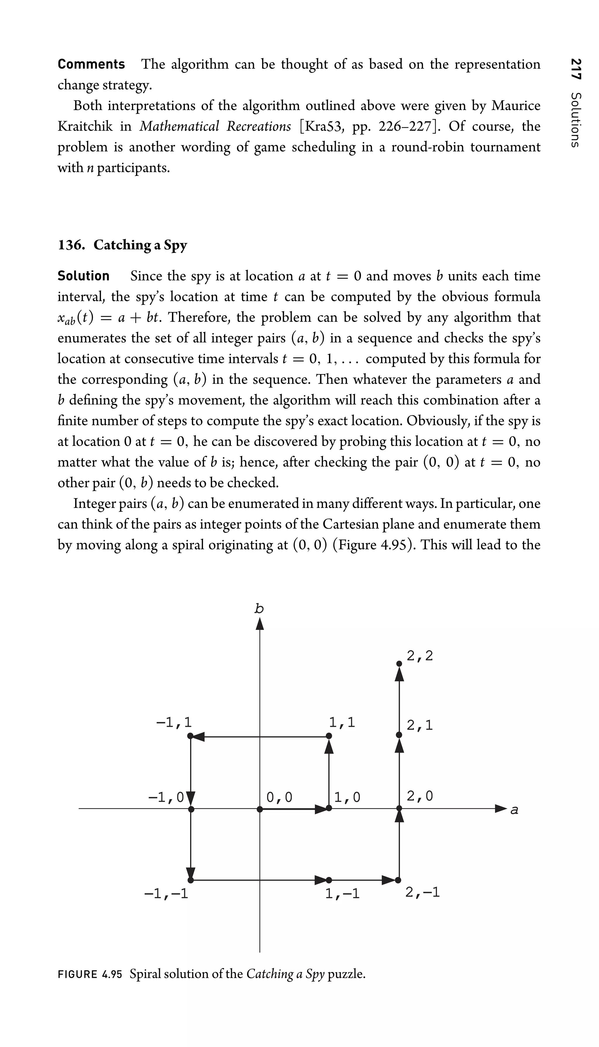 217
Solutions
Comments The algorithm can be thought of as based on the representation
change strategy.
Both interpretations of the algorithm outlined above were given by Maurice
Kraitchik in Mathematical Recreations [Kra53, pp. 226–227]. Of course, the
problem is another wording of game scheduling in a round-robin tournament
with n participants.
136. Catching a Spy
Solution Since the spy is at location a at t = 0 and moves b units each time
interval, the spy’s location at time t can be computed by the obvious formula
xab(t) = a + bt. Therefore, the problem can be solved by any algorithm that
enumerates the set of all integer pairs (a, b) in a sequence and checks the spy’s
location at consecutive time intervals t = 0, 1, . . . computed by this formula for
the corresponding (a, b) in the sequence. Then whatever the parameters a and
b deﬁning the spy’s movement, the algorithm will reach this combination after a
ﬁnite number of steps to compute the spy’s exact location. Obviously, if the spy is
at location 0 at t = 0, he can be discovered by probing this location at t = 0, no
matter what the value of b is; hence, after checking the pair (0, 0) at t = 0, no
other pair (0, b) needs to be checked.
Integer pairs (a, b) can be enumerated in many different ways. In particular, one
can think of the pairs as integer points of the Cartesian plane and enumerate them
by moving along a spiral originating at (0, 0) (Figure 4.95). This will lead to the
0,0
0,0 1,0
1,0
1,1
1,1
−1,1
1,1
−1,0
1,0
−1,
1,−1 1,
1,−1
2,0
2,0
2,1
2,1
2,2
2,2
a
b
2,
2,−1
FIGURE 4.95 Spiral solution of the Catching a Spy puzzle.
 