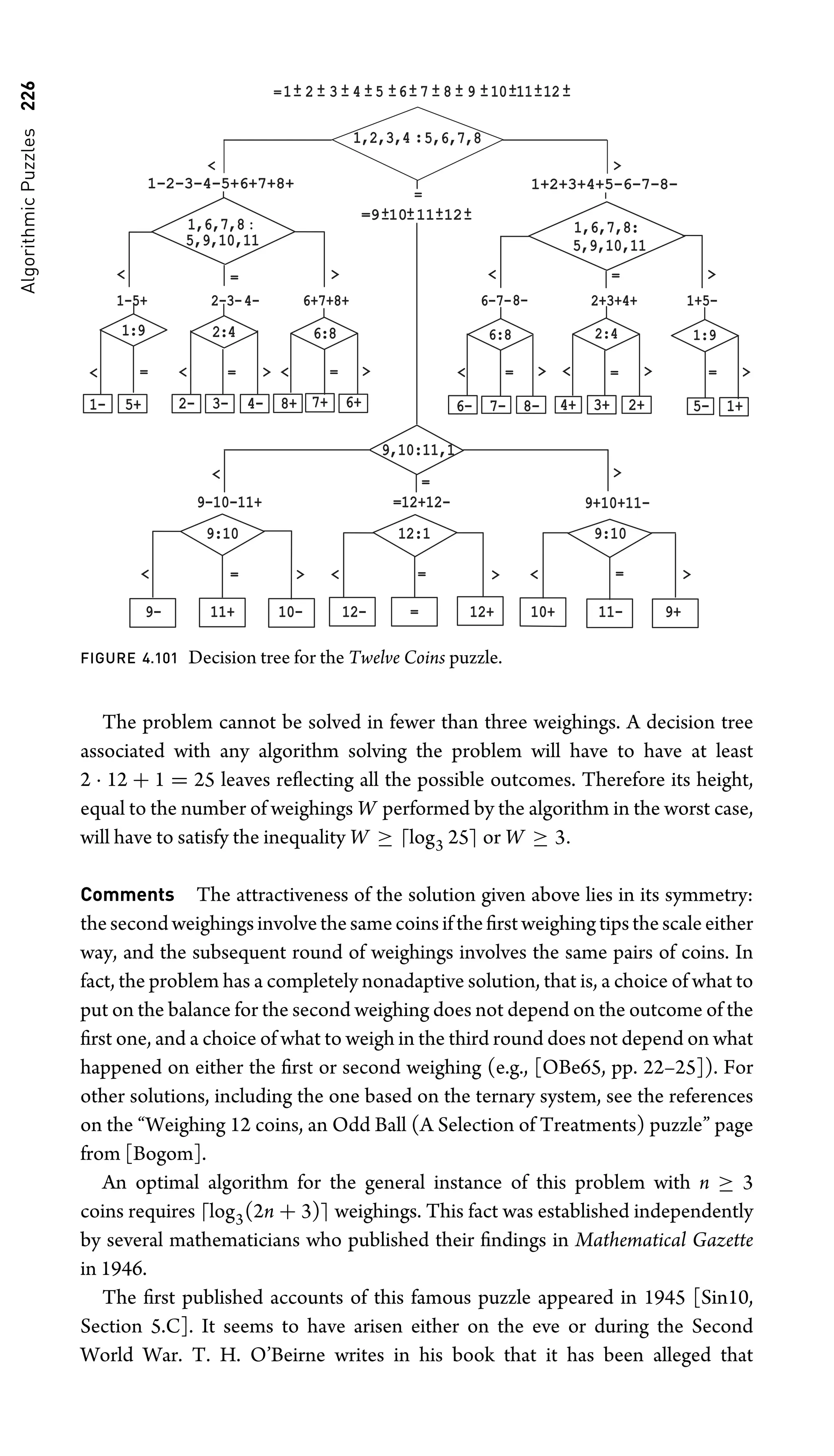 Algorithmic
Puzzles
226
1,2,3,4 :5,6,7,8
1,6,7,8 :
5,9,10,11
 
 = 
=
–
+ –
+
1 2 –
+
3 –
+
4 –
+
5 –
+ –
+
7 –
+
8 –
+
9
6 –
+ –
+
11 –
+
12
10
=
–
+
1:9
 =
5+
1-5+
2:4 6:8
2- 3- 4-
1- 8+ 7+ 6+
2-3-4- 6+7+8+
 =   = 
1,6,7,8:
5,9,10,11
 = 
2:4 1:9
4+ 3+ 2+ 5- 1+
2+3+4+
+4+ 1+5-
 =  = 
6:8
6- 7- 8-
6-7-8-
 = 
9,10:11,1
9:10 9:10

=

 =   = 
12:1

9- 11+
1+ 10- 12- = 12+ 9+
11-
10+
9-10-11+
-11+ =12+12-
+12- 9+10+11-
+11-

=
1-2-3-4-5+6+7+8+
1-2-3-4-5+6+7+8+
=9 10 11 12
=9 10 11 12
–
+ –
+ –
+
1+2+3+4+5-6-7-8-
1+2+3+4+5-6-7-8-
FIGURE 4.101 Decision tree for the Twelve Coins puzzle.
The problem cannot be solved in fewer than three weighings. A decision tree
associated with any algorithm solving the problem will have to have at least
2 · 12 + 1 = 25 leaves reﬂecting all the possible outcomes. Therefore its height,
equal to the number of weighings W performed by the algorithm in the worst case,
will have to satisfy the inequality W ≥ log3 25 or W ≥ 3.
Comments The attractiveness of the solution given above lies in its symmetry:
thesecondweighingsinvolvethesamecoinsiftheﬁrstweighingtipsthescaleeither
way, and the subsequent round of weighings involves the same pairs of coins. In
fact, the problem has a completely nonadaptive solution, that is, a choice of what to
put on the balance for the second weighing does not depend on the outcome of the
ﬁrst one, and a choice of what to weigh in the third round does not depend on what
happened on either the ﬁrst or second weighing (e.g., [OBe65, pp. 22–25]). For
other solutions, including the one based on the ternary system, see the references
on the “Weighing 12 coins, an Odd Ball (A Selection of Treatments) puzzle” page
from [Bogom].
An optimal algorithm for the general instance of this problem with n ≥ 3
coins requires log3(2n + 3) weighings. This fact was established independently
by several mathematicians who published their ﬁndings in Mathematical Gazette
in 1946.
The ﬁrst published accounts of this famous puzzle appeared in 1945 [Sin10,
Section 5.C]. It seems to have arisen either on the eve or during the Second
World War. T. H. O’Beirne writes in his book that it has been alleged that
 