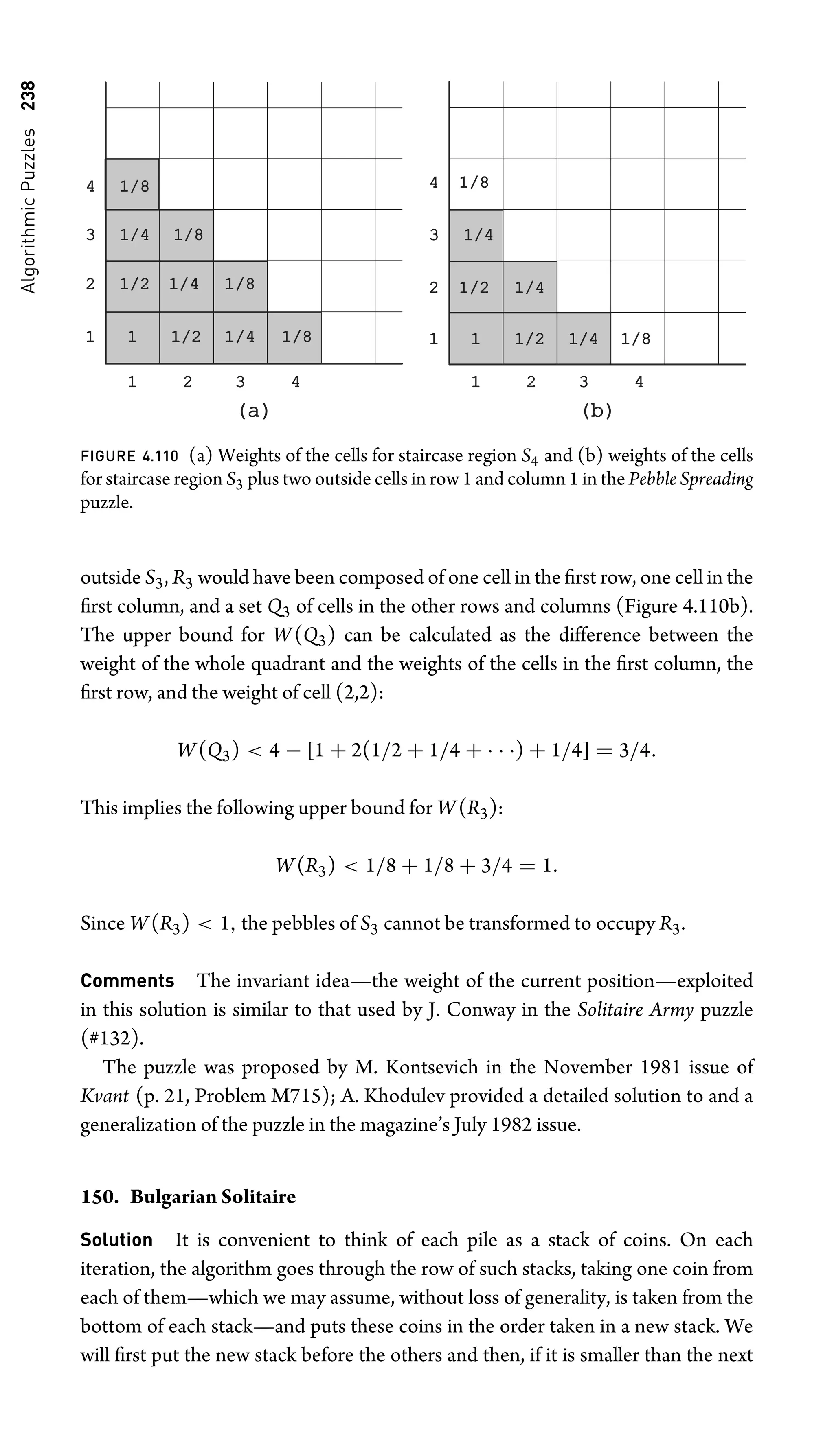 Algorithmic
Puzzles
238
1
1/2
1/2
1/2
1/2
1/4
1/4
1/4
1/4
1/4
1/4
1 2 3
(a)
(a) (b)
(b)
1
2
3
4
4 1/8
1/8
1/8
1/8
1/8
1/8
1/8
1/8 1
1/2
1/2
1/2
1/2
1/4
1/4
1/4
1/4
1/4
1/4
1 2 3
1
2
3
4
4 1/8
1/8
1/8
1/8
FIGURE 4.110 (a) Weights of the cells for staircase region S4 and (b) weights of the cells
for staircase region S3 plus two outside cells in row 1 and column 1 in the Pebble Spreading
puzzle.
outside S3, R3 would have been composed of one cell in the ﬁrst row, one cell in the
ﬁrst column, and a set Q3 of cells in the other rows and columns (Figure 4.110b).
The upper bound for W(Q3) can be calculated as the difference between the
weight of the whole quadrant and the weights of the cells in the ﬁrst column, the
ﬁrst row, and the weight of cell (2,2):
W(Q3)  4 − [1 + 2(1/2 + 1/4 + · · ·) + 1/4] = 3/4.
This implies the following upper bound for W(R3):
W(R3)  1/8 + 1/8 + 3/4 = 1.
Since W(R3)  1, the pebbles of S3 cannot be transformed to occupy R3.
Comments The invariant idea—the weight of the current position—exploited
in this solution is similar to that used by J. Conway in the Solitaire Army puzzle
(#132).
The puzzle was proposed by M. Kontsevich in the November 1981 issue of
Kvant (p. 21, Problem M715); A. Khodulev provided a detailed solution to and a
generalization of the puzzle in the magazine’s July 1982 issue.
150. Bulgarian Solitaire
Solution It is convenient to think of each pile as a stack of coins. On each
iteration, the algorithm goes through the row of such stacks, taking one coin from
each of them—which we may assume, without loss of generality, is taken from the
bottom of each stack—and puts these coins in the order taken in a new stack. We
will ﬁrst put the new stack before the others and then, if it is smaller than the next
 