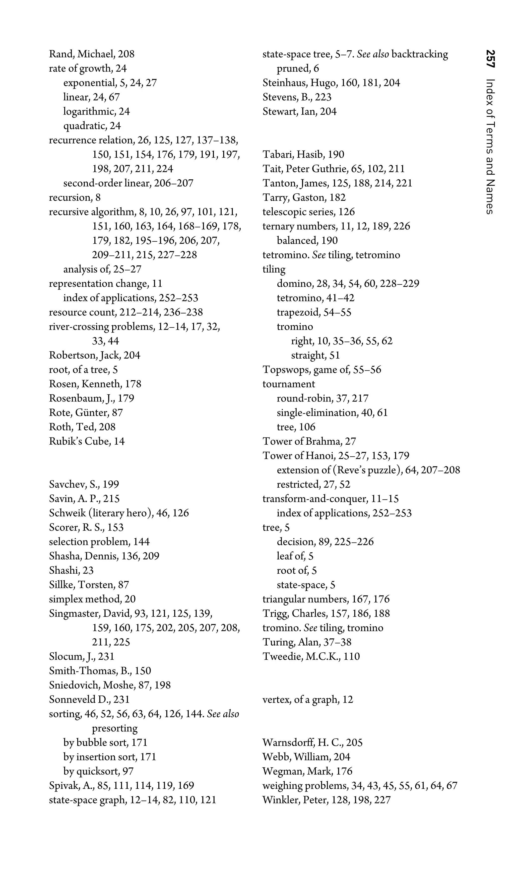 257
Index
of
Terms
and
Names
Rand, Michael, 208
rate of growth, 24
exponential, 5, 24, 27
linear, 24, 67
logarithmic, 24
quadratic, 24
recurrence relation, 26, 125, 127, 137–138,
150, 151, 154, 176, 179, 191, 197,
198, 207, 211, 224
second-order linear, 206–207
recursion, 8
recursive algorithm, 8, 10, 26, 97, 101, 121,
151, 160, 163, 164, 168–169, 178,
179, 182, 195–196, 206, 207,
209–211, 215, 227–228
analysis of, 25–27
representation change, 11
index of applications, 252–253
resource count, 212–214, 236–238
river-crossing problems, 12–14, 17, 32,
33, 44
Robertson, Jack, 204
root, of a tree, 5
Rosen, Kenneth, 178
Rosenbaum, J., 179
Rote, Günter, 87
Roth, Ted, 208
Rubik’s Cube, 14
Savchev, S., 199
Savin, A. P., 215
Schweik (literary hero), 46, 126
Scorer, R. S., 153
selection problem, 144
Shasha, Dennis, 136, 209
Shashi, 23
Sillke, Torsten, 87
simplex method, 20
Singmaster, David, 93, 121, 125, 139,
159, 160, 175, 202, 205, 207, 208,
211, 225
Slocum, J., 231
Smith-Thomas, B., 150
Sniedovich, Moshe, 87, 198
Sonneveld D., 231
sorting, 46, 52, 56, 63, 64, 126, 144. See also
presorting
by bubble sort, 171
by insertion sort, 171
by quicksort, 97
Spivak, A., 85, 111, 114, 119, 169
state-space graph, 12–14, 82, 110, 121
state-space tree, 5–7. See also backtracking
pruned, 6
Steinhaus, Hugo, 160, 181, 204
Stevens, B., 223
Stewart, Ian, 204
Tabari, Hasib, 190
Tait, Peter Guthrie, 65, 102, 211
Tanton, James, 125, 188, 214, 221
Tarry, Gaston, 182
telescopic series, 126
ternary numbers, 11, 12, 189, 226
balanced, 190
tetromino. See tiling, tetromino
tiling
domino, 28, 34, 54, 60, 228–229
tetromino, 41–42
trapezoid, 54–55
tromino
right, 10, 35–36, 55, 62
straight, 51
Topswops, game of, 55–56
tournament
round-robin, 37, 217
single-elimination, 40, 61
tree, 106
Tower of Brahma, 27
Tower of Hanoi, 25–27, 153, 179
extension of (Reve’s puzzle), 64, 207–208
restricted, 27, 52
transform-and-conquer, 11–15
index of applications, 252–253
tree, 5
decision, 89, 225–226
leaf of, 5
root of, 5
state-space, 5
triangular numbers, 167, 176
Trigg, Charles, 157, 186, 188
tromino. See tiling, tromino
Turing, Alan, 37–38
Tweedie, M.C.K., 110
vertex, of a graph, 12
Warnsdorff, H. C., 205
Webb, William, 204
Wegman, Mark, 176
weighing problems, 34, 43, 45, 55, 61, 64, 67
Winkler, Peter, 128, 198, 227
 