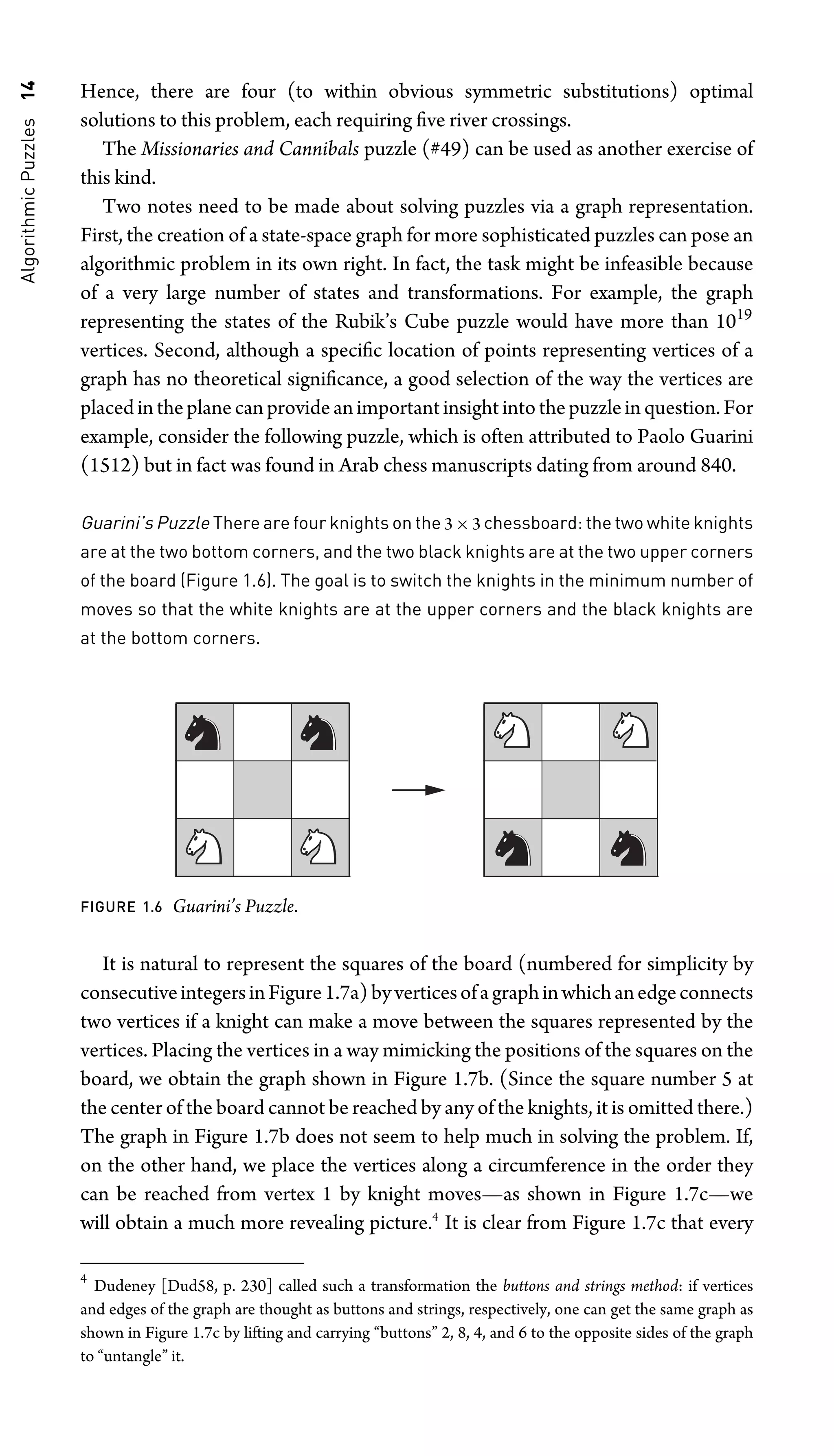 Algorithmic
Puzzles
14 Hence, there are four (to within obvious symmetric substitutions) optimal
solutions to this problem, each requiring ﬁve river crossings.
The Missionaries and Cannibals puzzle (#49) can be used as another exercise of
this kind.
Two notes need to be made about solving puzzles via a graph representation.
First, the creation of a state-space graph for more sophisticated puzzles can pose an
algorithmic problem in its own right. In fact, the task might be infeasible because
of a very large number of states and transformations. For example, the graph
representing the states of the Rubik’s Cube puzzle would have more than 1019
vertices. Second, although a speciﬁc location of points representing vertices of a
graph has no theoretical signiﬁcance, a good selection of the way the vertices are
placedintheplanecanprovideanimportantinsightintothepuzzleinquestion.For
example, consider the following puzzle, which is often attributed to Paolo Guarini
(1512) but in fact was found in Arab chess manuscripts dating from around 840.
Guarini’s Puzzle There are four knights on the 3×3 chessboard: the two white knights
are at the two bottom corners, and the two black knights are at the two upper corners
of the board (Figure 1.6). The goal is to switch the knights in the minimum number of
moves so that the white knights are at the upper corners and the black knights are
at the bottom corners.
FIGURE 1.6 Guarini’s Puzzle.
It is natural to represent the squares of the board (numbered for simplicity by
consecutiveintegersinFigure1.7a)byverticesofagraphinwhichanedgeconnects
two vertices if a knight can make a move between the squares represented by the
vertices. Placing the vertices in a way mimicking the positions of the squares on the
board, we obtain the graph shown in Figure 1.7b. (Since the square number 5 at
the center of the board cannot be reached by any of the knights, it is omitted there.)
The graph in Figure 1.7b does not seem to help much in solving the problem. If,
on the other hand, we place the vertices along a circumference in the order they
can be reached from vertex 1 by knight moves—as shown in Figure 1.7c—we
will obtain a much more revealing picture.4
It is clear from Figure 1.7c that every
4
Dudeney [Dud58, p. 230] called such a transformation the buttons and strings method: if vertices
and edges of the graph are thought as buttons and strings, respectively, one can get the same graph as
shown in Figure 1.7c by lifting and carrying “buttons” 2, 8, 4, and 6 to the opposite sides of the graph
to “untangle” it.
 