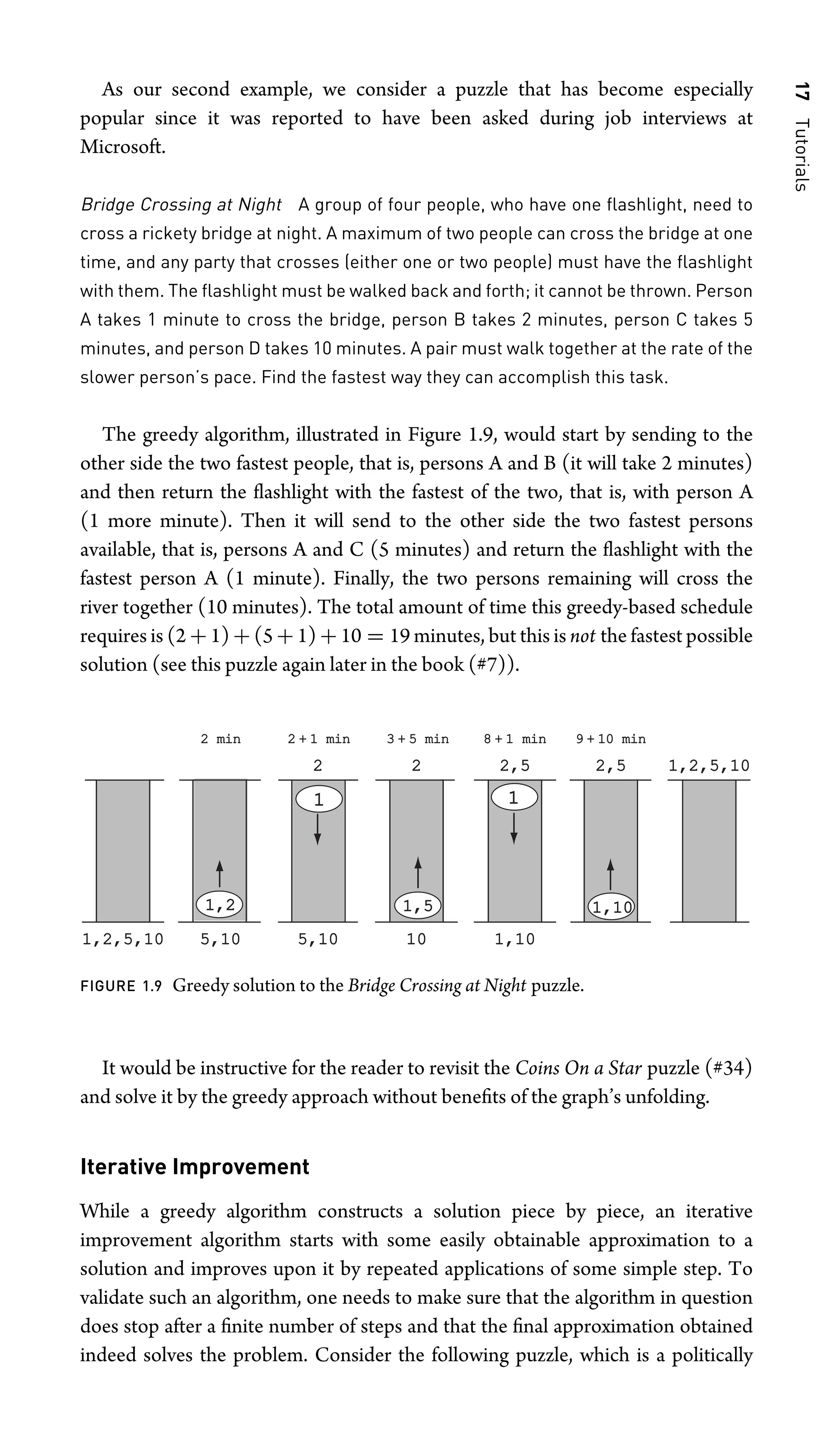 17
Tutorials
As our second example, we consider a puzzle that has become especially
popular since it was reported to have been asked during job interviews at
Microsoft.
Bridge Crossing at Night A group of four people, who have one ﬂashlight, need to
cross a rickety bridge at night. A maximum of two people can cross the bridge at one
time, and any party that crosses (either one or two people) must have the ﬂashlight
with them. The ﬂashlight must be walked back and forth; it cannot be thrown. Person
A takes 1 minute to cross the bridge, person B takes 2 minutes, person C takes 5
minutes, and person D takes 10 minutes. A pair must walk together at the rate of the
slower person’s pace. Find the fastest way they can accomplish this task.
The greedy algorithm, illustrated in Figure 1.9, would start by sending to the
other side the two fastest people, that is, persons A and B (it will take 2 minutes)
and then return the ﬂashlight with the fastest of the two, that is, with person A
(1 more minute). Then it will send to the other side the two fastest persons
available, that is, persons A and C (5 minutes) and return the ﬂashlight with the
fastest person A (1 minute). Finally, the two persons remaining will cross the
river together (10 minutes). The total amount of time this greedy-based schedule
requires is (2 + 1) + (5 + 1) + 10 = 19 minutes, but this is not the fastest possible
solution (see this puzzle again later in the book (#7)).
1,2,5,10
1,2,5,10 5,10
5,10
2 min 2 + 1 min 3 + 5 min 8 + 1
1 min 9 + 10 min
2 2 2,5
2,5 1,2,5,10
1,2,5,10
10 1,
1,10
1,2
1,2
1
1,5
1,5
1
1,10
1,10
2,5
2,5
5,10
5,10
FIGURE 1.9 Greedy solution to the Bridge Crossing at Night puzzle.
It would be instructive for the reader to revisit the Coins On a Star puzzle (#34)
and solve it by the greedy approach without beneﬁts of the graph’s unfolding.
Iterative Improvement
While a greedy algorithm constructs a solution piece by piece, an iterative
improvement algorithm starts with some easily obtainable approximation to a
solution and improves upon it by repeated applications of some simple step. To
validate such an algorithm, one needs to make sure that the algorithm in question
does stop after a ﬁnite number of steps and that the ﬁnal approximation obtained
indeed solves the problem. Consider the following puzzle, which is a politically
 