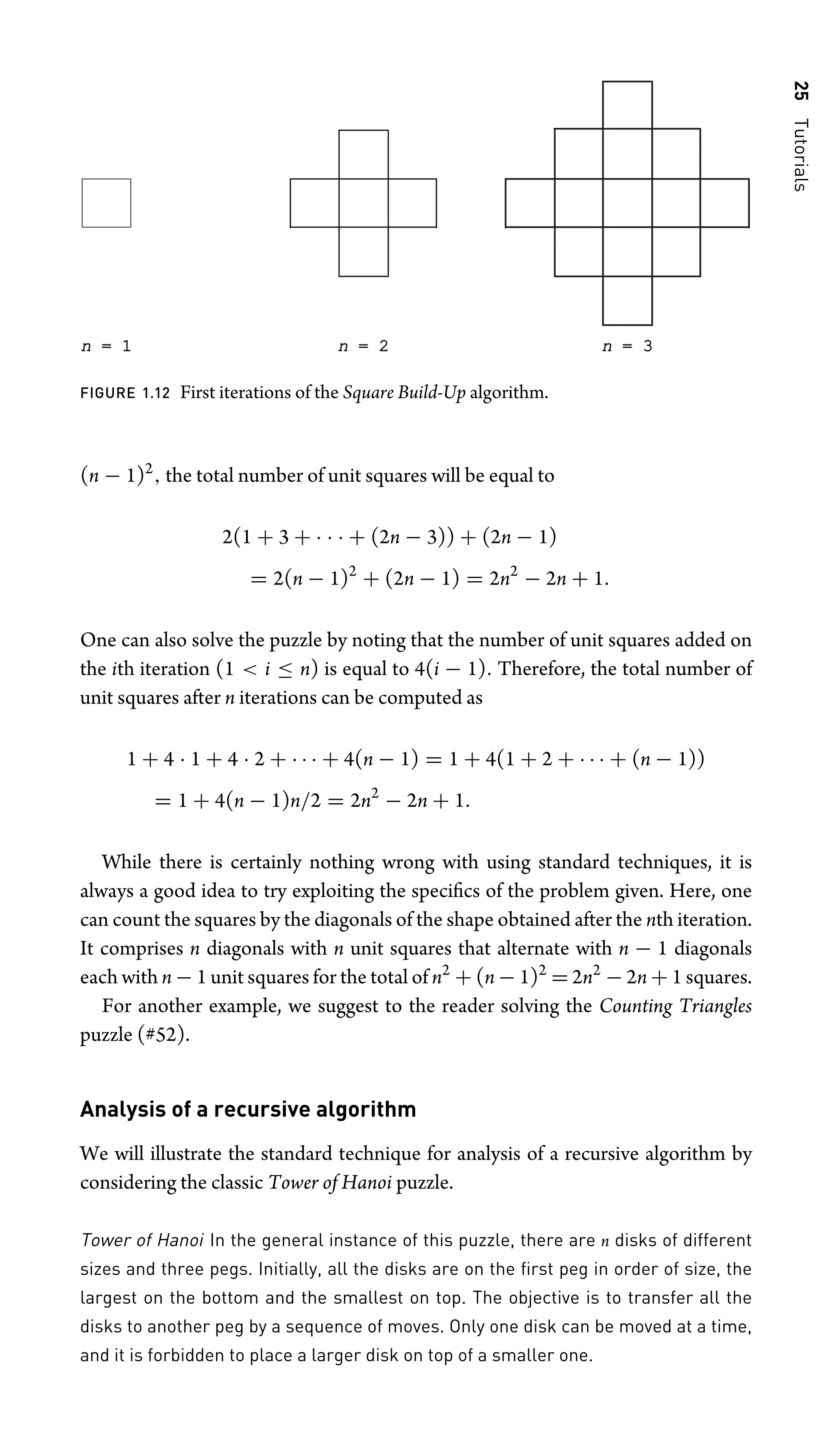 25
Tutorials
n = 1
= 1 n = 2
= 2 n = 3
= 3
FIGURE 1.12 First iterations of the Square Build-Up algorithm.
(n − 1)2
, the total number of unit squares will be equal to
2(1 + 3 + · · · + (2n − 3)) + (2n − 1)
= 2(n − 1)2
+ (2n − 1) = 2n2
− 2n + 1.
One can also solve the puzzle by noting that the number of unit squares added on
the ith iteration (1  i ≤ n) is equal to 4(i − 1). Therefore, the total number of
unit squares after n iterations can be computed as
1 + 4 · 1 + 4 · 2 + · · · + 4(n − 1) = 1 + 4(1 + 2 + · · · + (n − 1))
= 1 + 4(n − 1)n/2 = 2n2
− 2n + 1.
While there is certainly nothing wrong with using standard techniques, it is
always a good idea to try exploiting the speciﬁcs of the problem given. Here, one
can count the squares by the diagonals of the shape obtained after the nth iteration.
It comprises n diagonals with n unit squares that alternate with n − 1 diagonals
each with n − 1 unit squares for the total of n2
+ (n − 1)2
= 2n2
− 2n + 1 squares.
For another example, we suggest to the reader solving the Counting Triangles
puzzle (#52).
Analysis of a recursive algorithm
We will illustrate the standard technique for analysis of a recursive algorithm by
considering the classic Tower of Hanoi puzzle.
Tower of Hanoi In the general instance of this puzzle, there are n disks of different
sizes and three pegs. Initially, all the disks are on the ﬁrst peg in order of size, the
largest on the bottom and the smallest on top. The objective is to transfer all the
disks to another peg by a sequence of moves. Only one disk can be moved at a time,
and it is forbidden to place a larger disk on top of a smaller one.
 