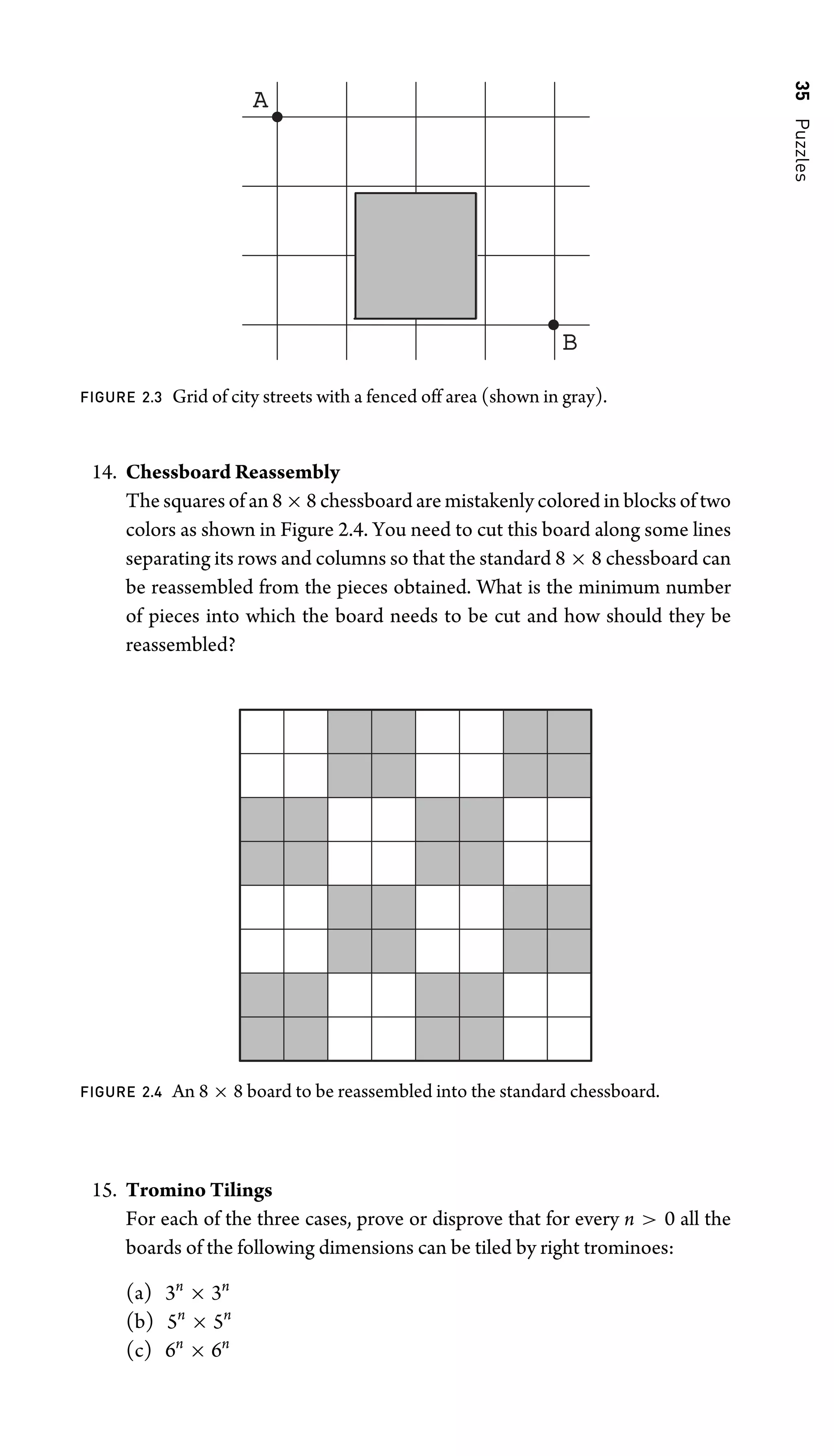 35
Puzzles
A
B
FIGURE 2.3 Grid of city streets with a fenced off area (shown in gray).
14. Chessboard Reassembly
The squares of an 8 × 8 chessboard are mistakenly colored in blocks of two
colors as shown in Figure 2.4. You need to cut this board along some lines
separating its rows and columns so that the standard 8 × 8 chessboard can
be reassembled from the pieces obtained. What is the minimum number
of pieces into which the board needs to be cut and how should they be
reassembled?
FIGURE 2.4 An 8 × 8 board to be reassembled into the standard chessboard.
15. Tromino Tilings
For each of the three cases, prove or disprove that for every n  0 all the
boards of the following dimensions can be tiled by right trominoes:
(a) 3n
× 3n
(b) 5n
× 5n
(c) 6n
× 6n
 