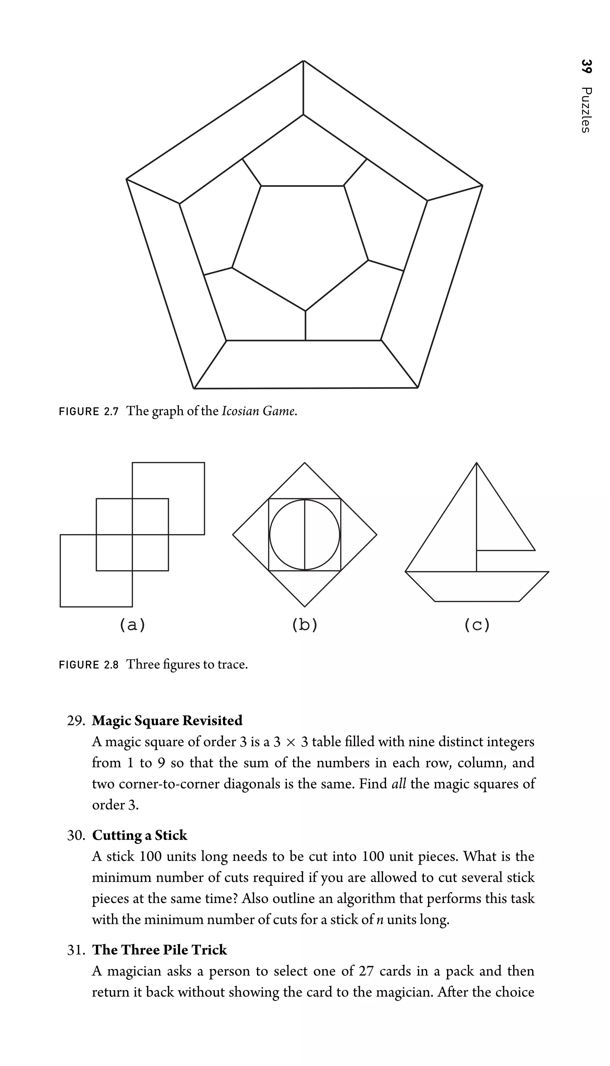 39
Puzzles
FIGURE 2.7 The graph of the Icosian Game.
(a)
(a) (b)
(b) (c)
(c)
FIGURE 2.8 Three ﬁgures to trace.
29. Magic Square Revisited
A magic square of order 3 is a 3 × 3 table ﬁlled with nine distinct integers
from 1 to 9 so that the sum of the numbers in each row, column, and
two corner-to-corner diagonals is the same. Find all the magic squares of
order 3.
30. Cutting a Stick
A stick 100 units long needs to be cut into 100 unit pieces. What is the
minimum number of cuts required if you are allowed to cut several stick
pieces at the same time? Also outline an algorithm that performs this task
with the minimum number of cuts for a stick of n units long.
31. The Three Pile Trick
A magician asks a person to select one of 27 cards in a pack and then
return it back without showing the card to the magician. After the choice
 