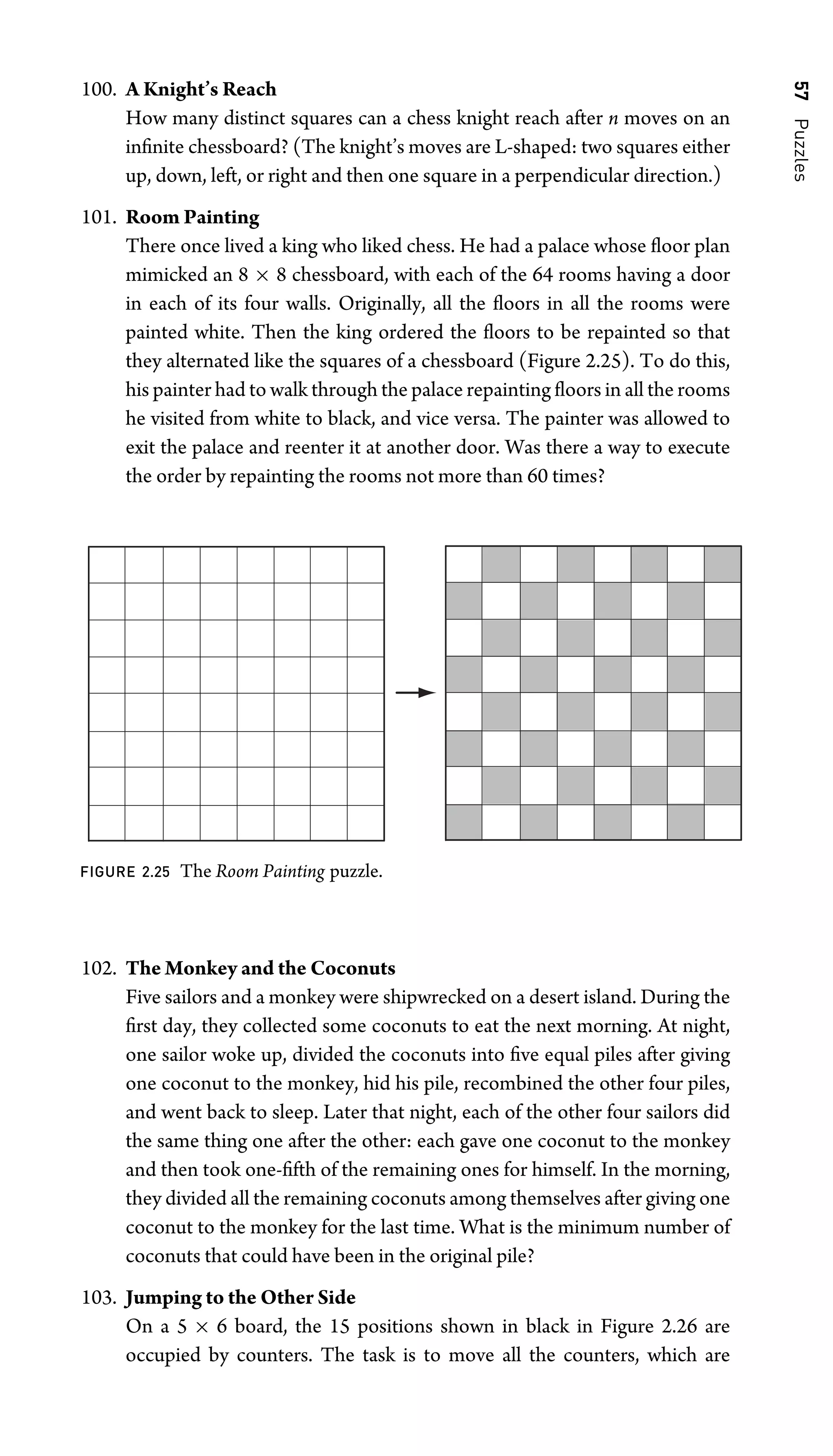 57
Puzzles
100. A Knight’s Reach
How many distinct squares can a chess knight reach after n moves on an
inﬁnite chessboard? (The knight’s moves are L-shaped: two squares either
up, down, left, or right and then one square in a perpendicular direction.)
101. Room Painting
There once lived a king who liked chess. He had a palace whose ﬂoor plan
mimicked an 8 × 8 chessboard, with each of the 64 rooms having a door
in each of its four walls. Originally, all the ﬂoors in all the rooms were
painted white. Then the king ordered the ﬂoors to be repainted so that
they alternated like the squares of a chessboard (Figure 2.25). To do this,
his painter had to walk through the palace repainting ﬂoors in all the rooms
he visited from white to black, and vice versa. The painter was allowed to
exit the palace and reenter it at another door. Was there a way to execute
the order by repainting the rooms not more than 60 times?
FIGURE 2.25 The Room Painting puzzle.
102. The Monkey and the Coconuts
Five sailors and a monkey were shipwrecked on a desert island. During the
ﬁrst day, they collected some coconuts to eat the next morning. At night,
one sailor woke up, divided the coconuts into ﬁve equal piles after giving
one coconut to the monkey, hid his pile, recombined the other four piles,
and went back to sleep. Later that night, each of the other four sailors did
the same thing one after the other: each gave one coconut to the monkey
and then took one-ﬁfth of the remaining ones for himself. In the morning,
they divided all the remaining coconuts among themselves after giving one
coconut to the monkey for the last time. What is the minimum number of
coconuts that could have been in the original pile?
103. Jumping to the Other Side
On a 5 × 6 board, the 15 positions shown in black in Figure 2.26 are
occupied by counters. The task is to move all the counters, which are
 