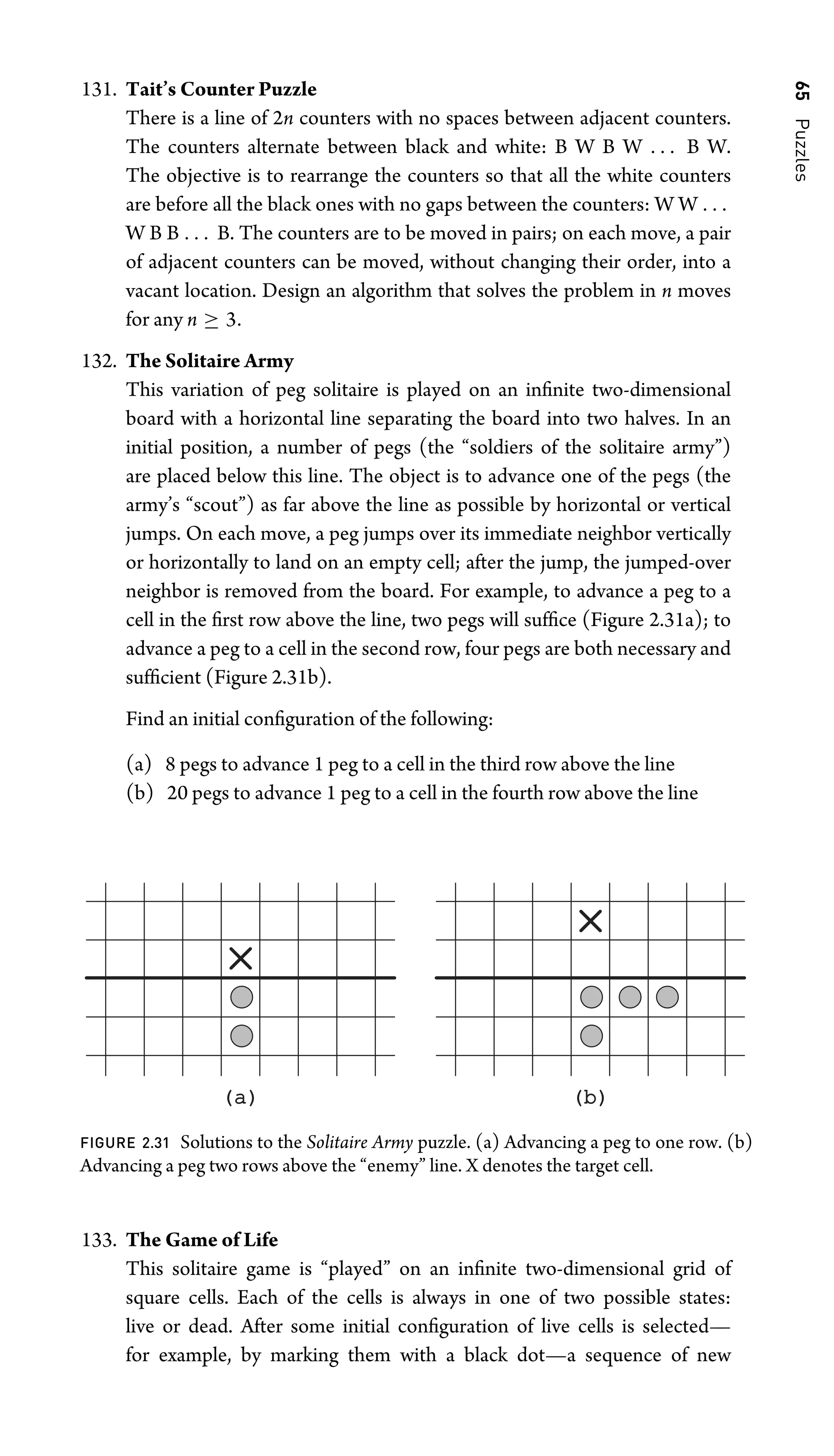 65
Puzzles
131. Tait’s Counter Puzzle
There is a line of 2n counters with no spaces between adjacent counters.
The counters alternate between black and white: B W B W . . . B W.
The objective is to rearrange the counters so that all the white counters
are before all the black ones with no gaps between the counters: W W . . .
W B B . . . B. The counters are to be moved in pairs; on each move, a pair
of adjacent counters can be moved, without changing their order, into a
vacant location. Design an algorithm that solves the problem in n moves
for any n ≥ 3.
132. The Solitaire Army
This variation of peg solitaire is played on an inﬁnite two-dimensional
board with a horizontal line separating the board into two halves. In an
initial position, a number of pegs (the “soldiers of the solitaire army”)
are placed below this line. The object is to advance one of the pegs (the
army’s “scout”) as far above the line as possible by horizontal or vertical
jumps. On each move, a peg jumps over its immediate neighbor vertically
or horizontally to land on an empty cell; after the jump, the jumped-over
neighbor is removed from the board. For example, to advance a peg to a
cell in the ﬁrst row above the line, two pegs will sufﬁce (Figure 2.31a); to
advance a peg to a cell in the second row, four pegs are both necessary and
sufﬁcient (Figure 2.31b).
Find an initial conﬁguration of the following:
(a) 8 pegs to advance 1 peg to a cell in the third row above the line
(b) 20 pegs to advance 1 peg to a cell in the fourth row above the line
(a)
(a) (b)
(b)
FIGURE 2.31 Solutions to the Solitaire Army puzzle. (a) Advancing a peg to one row. (b)
Advancing a peg two rows above the “enemy” line. X denotes the target cell.
133. The Game of Life
This solitaire game is “played” on an inﬁnite two-dimensional grid of
square cells. Each of the cells is always in one of two possible states:
live or dead. After some initial conﬁguration of live cells is selected—
for example, by marking them with a black dot—a sequence of new
 